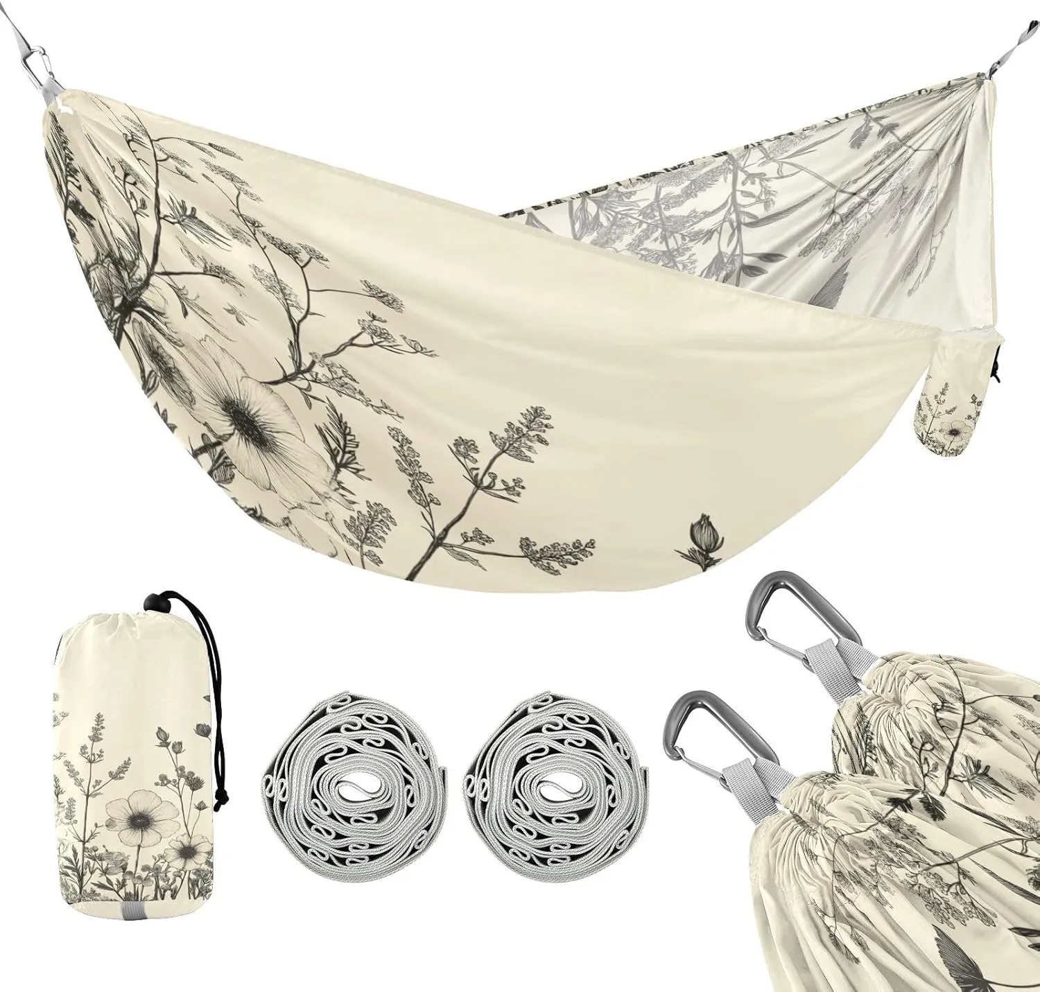 ATTX Black and White Flowers Camping Hammock - Lightweight & Portable Hammocks, Heavy Duty 330lbs Capacity for Indoor, Hiking, Backpacking, Travel, Backyard, Beach#356