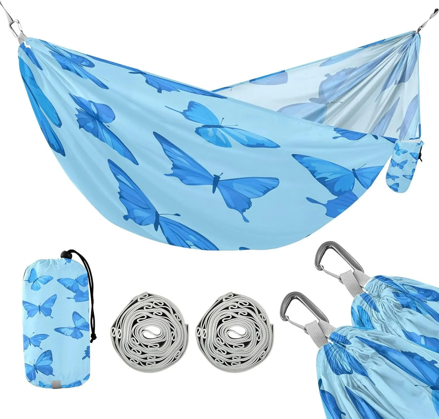 ATTX Blue Butterflies Camping Hammock - Lightweight & Portable Hammocks, Heavy Duty 330lbs Capacity for Indoor, Hiking, Backpacking, Travel, Backyard, Beach#545