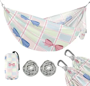 ATTX Blue Pink Bow Camping Hammock - Lightweight & Portable Hammocks, Heavy Duty 330lbs Capacity for Indoor, Hiking, Backpacking, Travel, Backyard, Beach#216