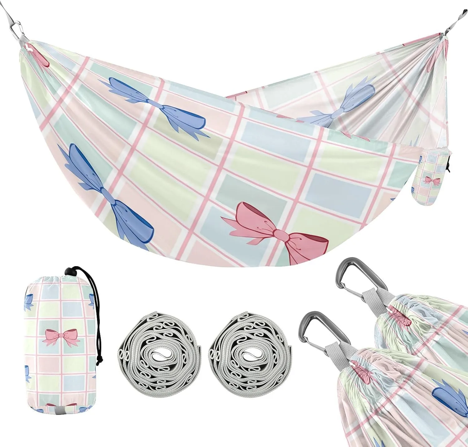 ATTX Blue Pink Bow Camping Hammock - Lightweight & Portable Hammocks, Heavy Duty 330lbs Capacity for Indoor, Hiking, Backpacking, Travel, Backyard, Beach#216
