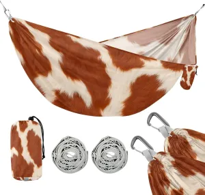 ATTX Brown and White Cow Camping Hammock - Lightweight & Portable Hammocks, Heavy Duty 330lbs Capacity for Indoor, Hiking, Backpacking, Travel, Backyard, Beach#154