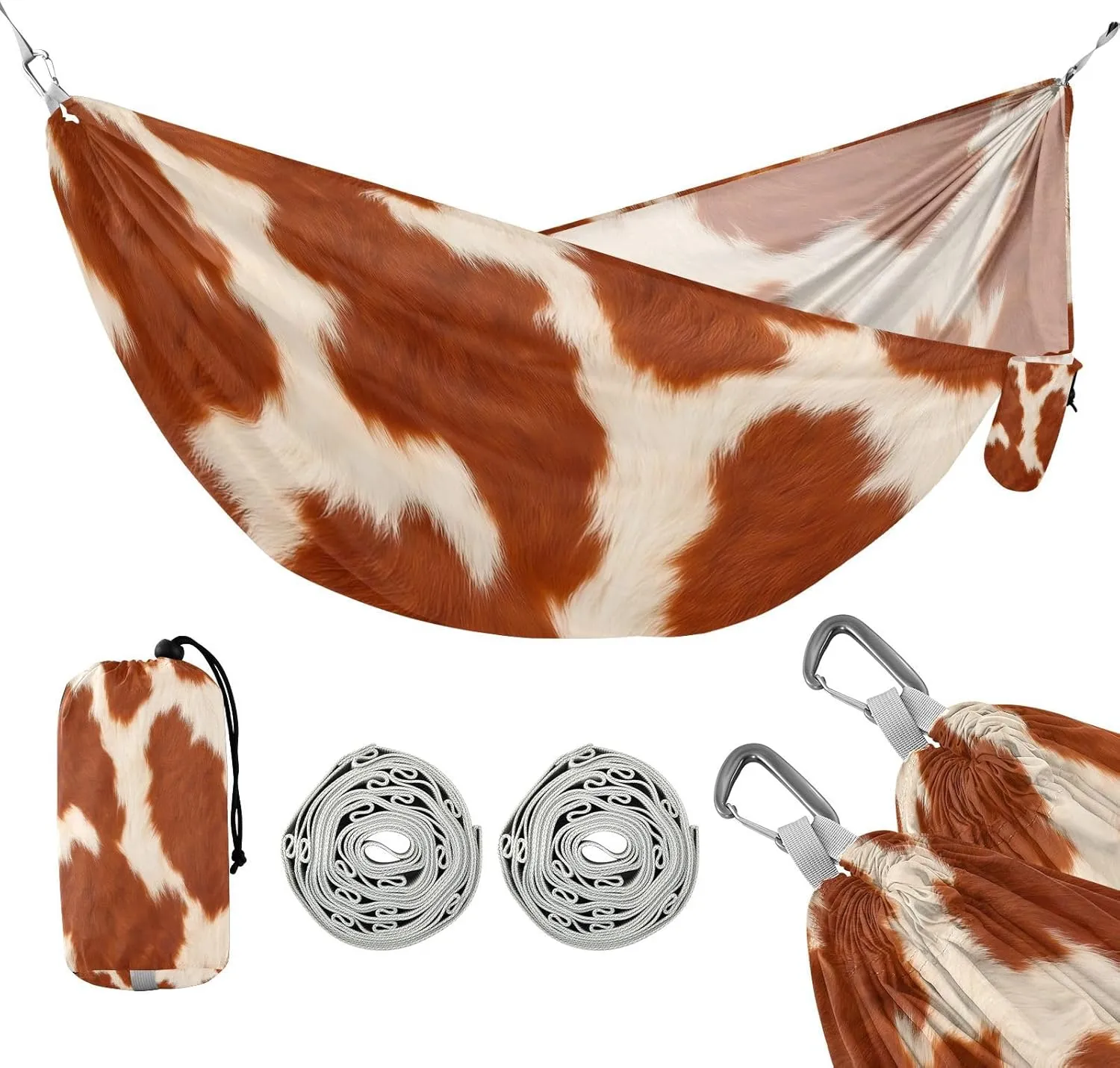 ATTX Brown and White Cow Camping Hammock - Lightweight & Portable Hammocks, Heavy Duty 330lbs Capacity for Indoor, Hiking, Backpacking, Travel, Backyard, Beach#154