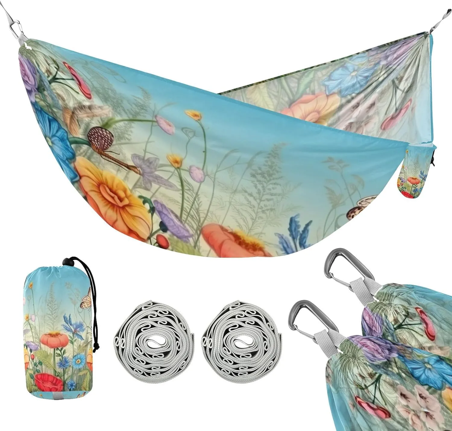 ATTX Colorful Flower Dragonflies Camping Hammock - Lightweight & Portable Hammocks, Heavy Duty 330lbs Capacity for Indoor, Hiking, Backpacking, Travel, Backyard, Beach#201