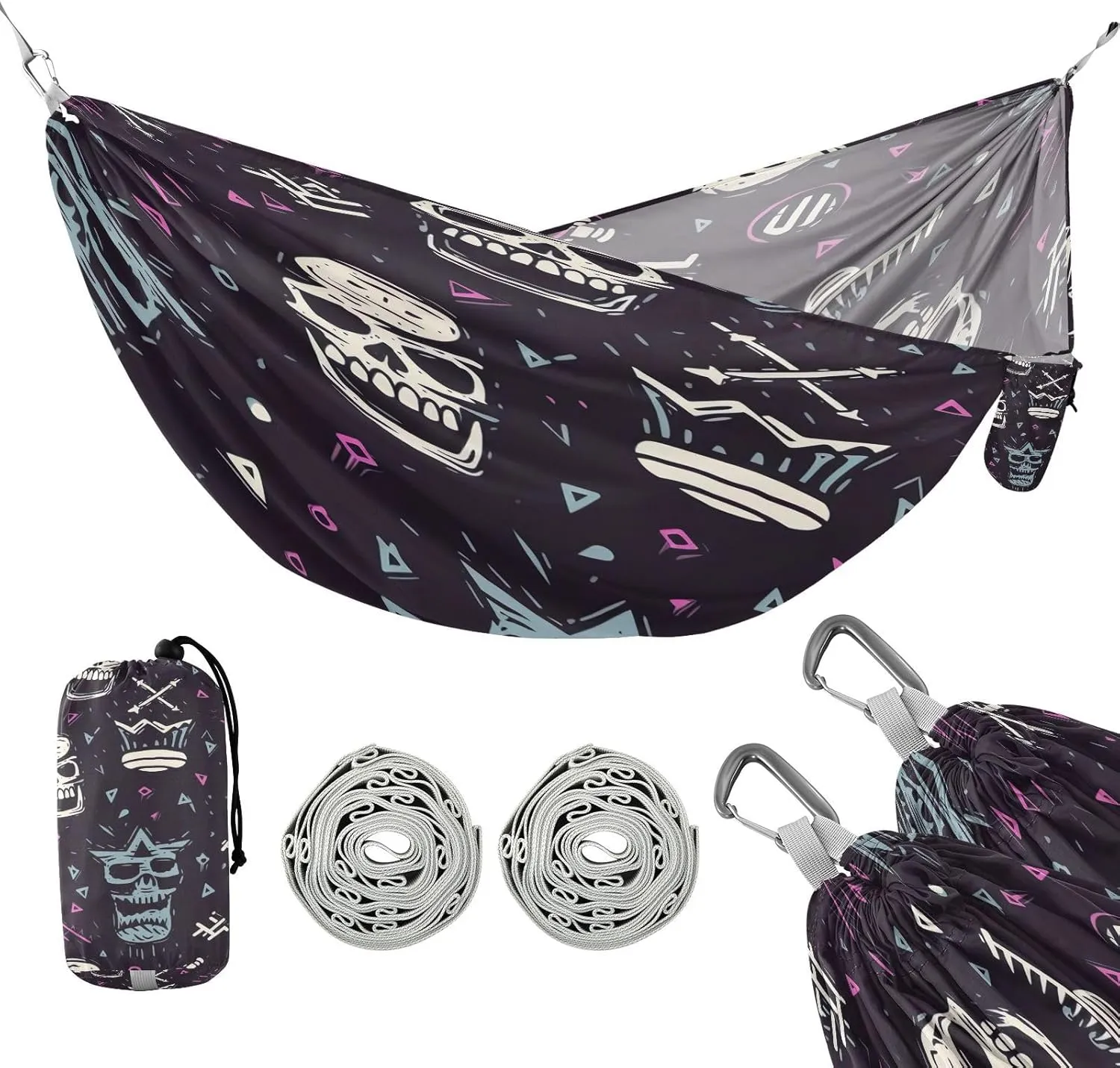ATTX Colorful Skull Pattern Camping Hammock - Lightweight & Portable Hammocks, Heavy Duty 330lbs Capacity for Indoor, Hiking, Backpacking, Travel, Backyard, Beach#282