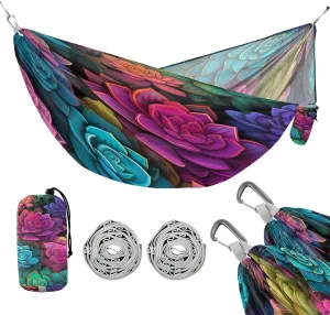 ATTX Colorful Succulents Camping Hammock - Lightweight & Portable Hammocks, Heavy Duty 330lbs Capacity for Indoor, Hiking, Backpacking, Travel, Backyard, Beach#457
