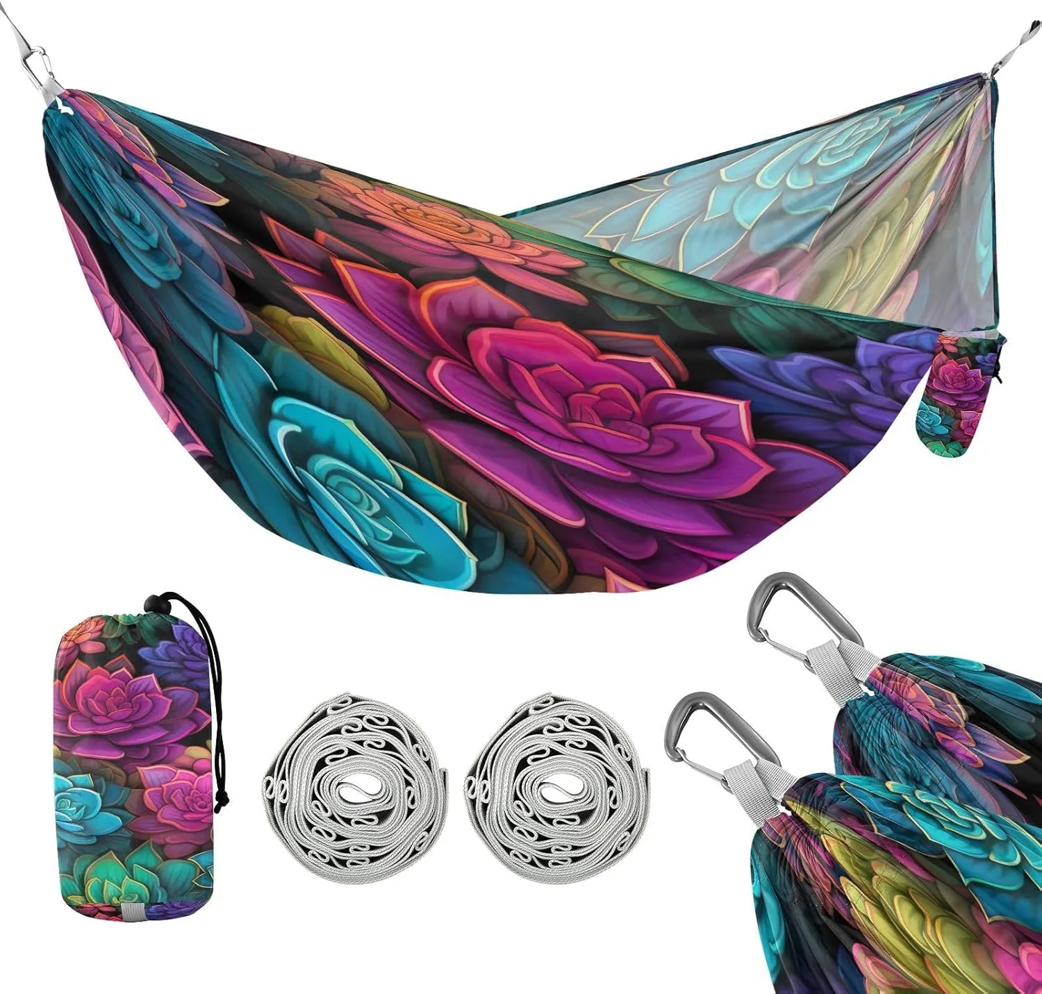 ATTX Colorful Succulents Camping Hammock - Lightweight & Portable Hammocks, Heavy Duty 330lbs Capacity for Indoor, Hiking, Backpacking, Travel, Backyard, Beach#457