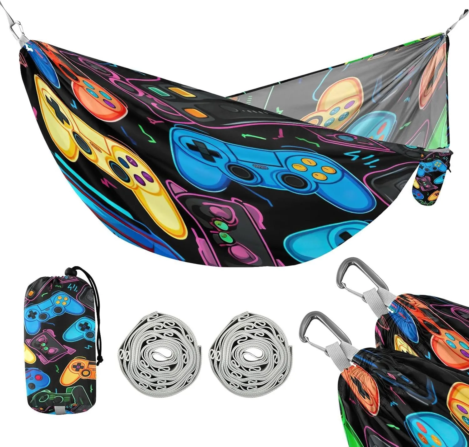 ATTX Colorful Video Game Controllers Camping Hammock - Lightweight & Portable Hammocks, Heavy Duty 330lbs Capacity for Indoor, Hiking, Backpacking, Travel, Backyard, Beach#341