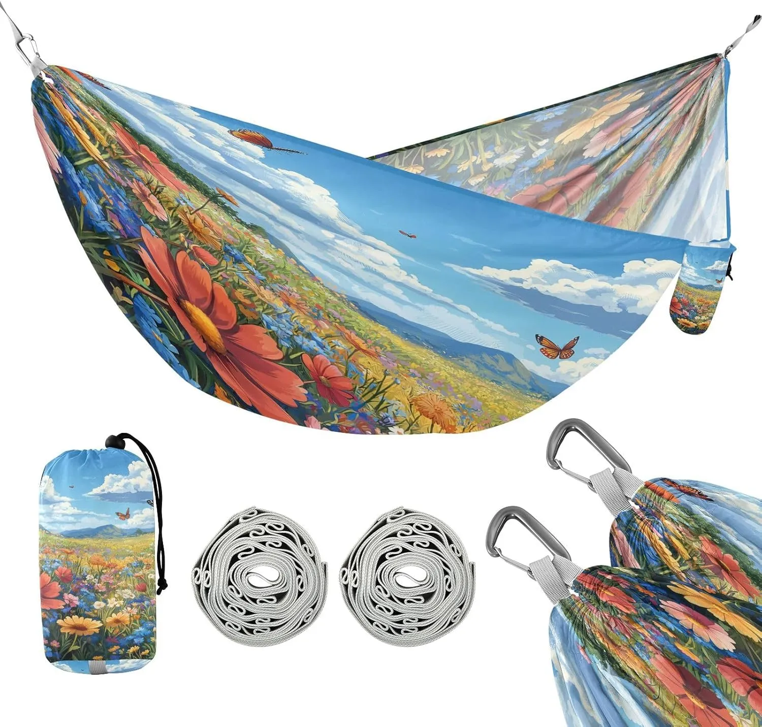 ATTX Colorful Wildflowers Meadow Camping Hammock - Lightweight & Portable Hammocks, Heavy Duty 330lbs Capacity for Indoor, Hiking, Backpacking, Travel, Backyard, Beach#586