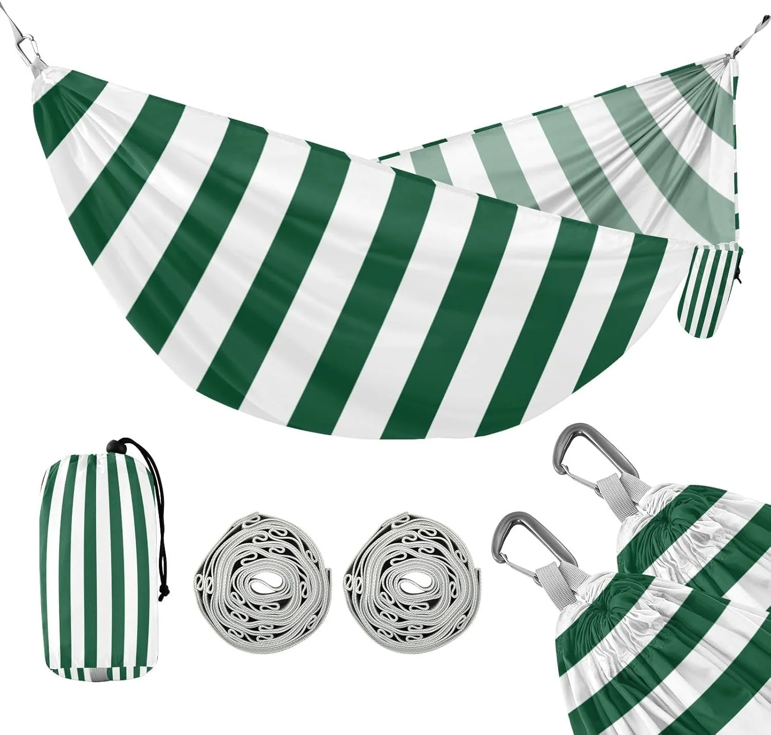 ATTX Dark Ggreen White Stripes Camping Hammock - Lightweight & Portable Hammocks, Heavy Duty 330lbs Capacity for Indoor, Hiking, Backpacking, Travel, Backyard, Beach#223