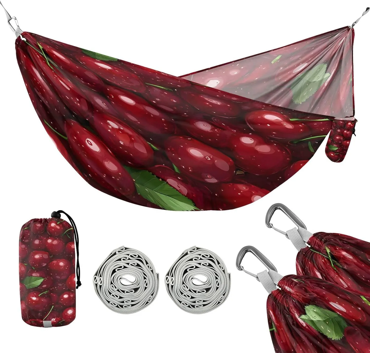 ATTX Dark Red Cherries Camping Hammock - Lightweight & Portable Hammocks, Heavy Duty 330lbs Capacity for Indoor, Hiking, Backpacking, Travel, Backyard, Beach#564