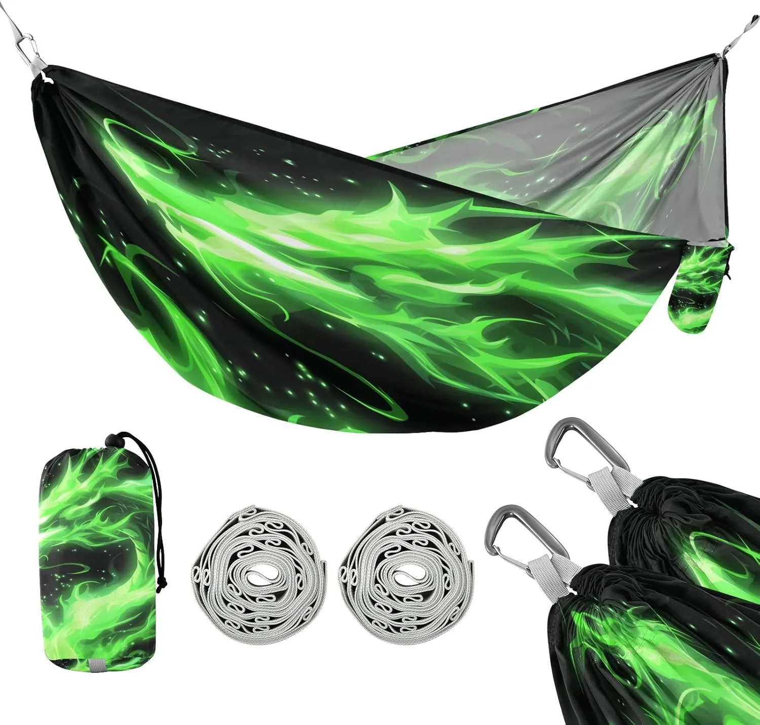 ATTX Green Flame Dragon Camping Hammock - Lightweight & Portable Hammocks, Heavy Duty 330lbs Capacity for Indoor, Hiking, Backpacking, Travel, Backyard, Beach#151