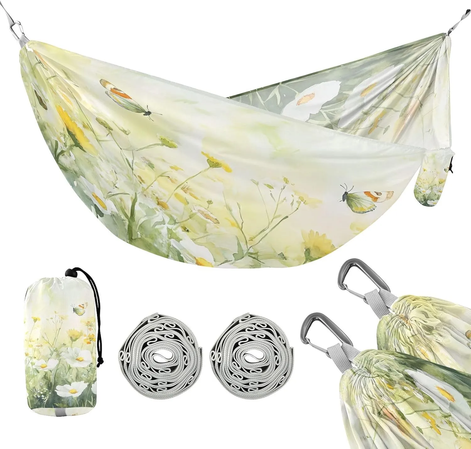 ATTX Green Wildflowers and Butterflies 4 Camping Hammock - Lightweight & Portable Hammocks, Heavy Duty 330lbs Capacity for Indoor, Hiking, Backpacking, Travel, Backyard, Beach#69