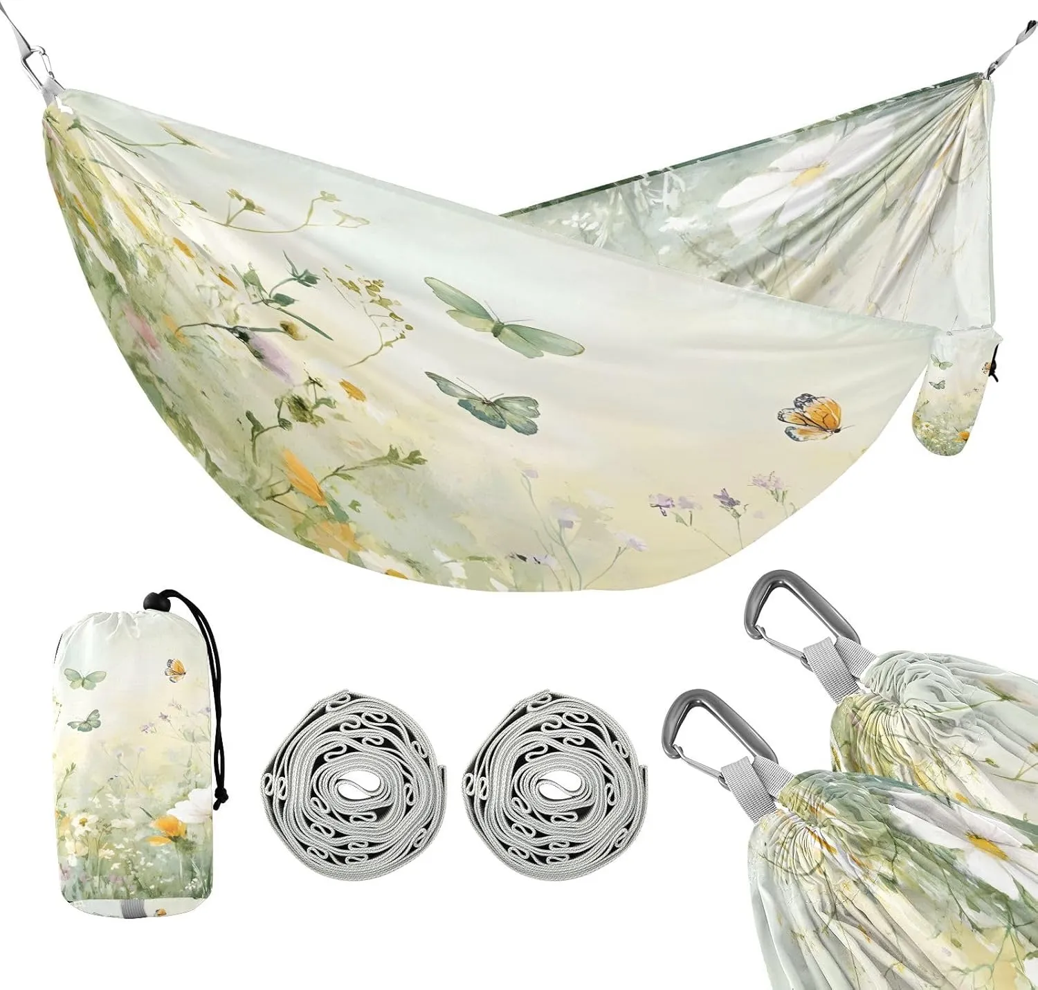 ATTX Green Wildflowers and Butterflies Camping Hammock - Lightweight & Portable Hammocks, Heavy Duty 330lbs Capacity for Indoor, Hiking, Backpacking, Travel, Backyard, Beach#75