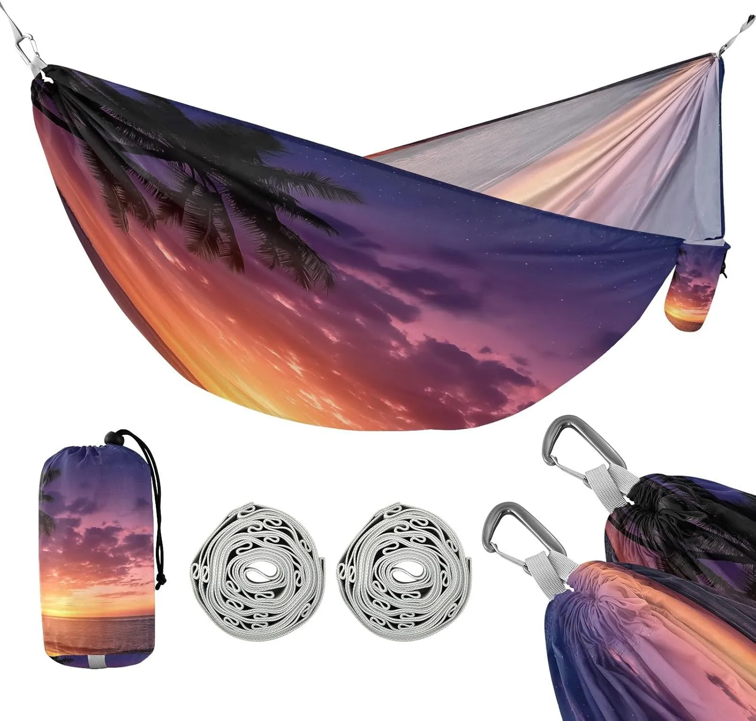 ATTX Ocean Sunset Palm Trees Camping Hammock - Lightweight & Portable Hammocks, Heavy Duty 330lbs Capacity for Indoor, Hiking, Backpacking, Travel, Backyard, Beach#161