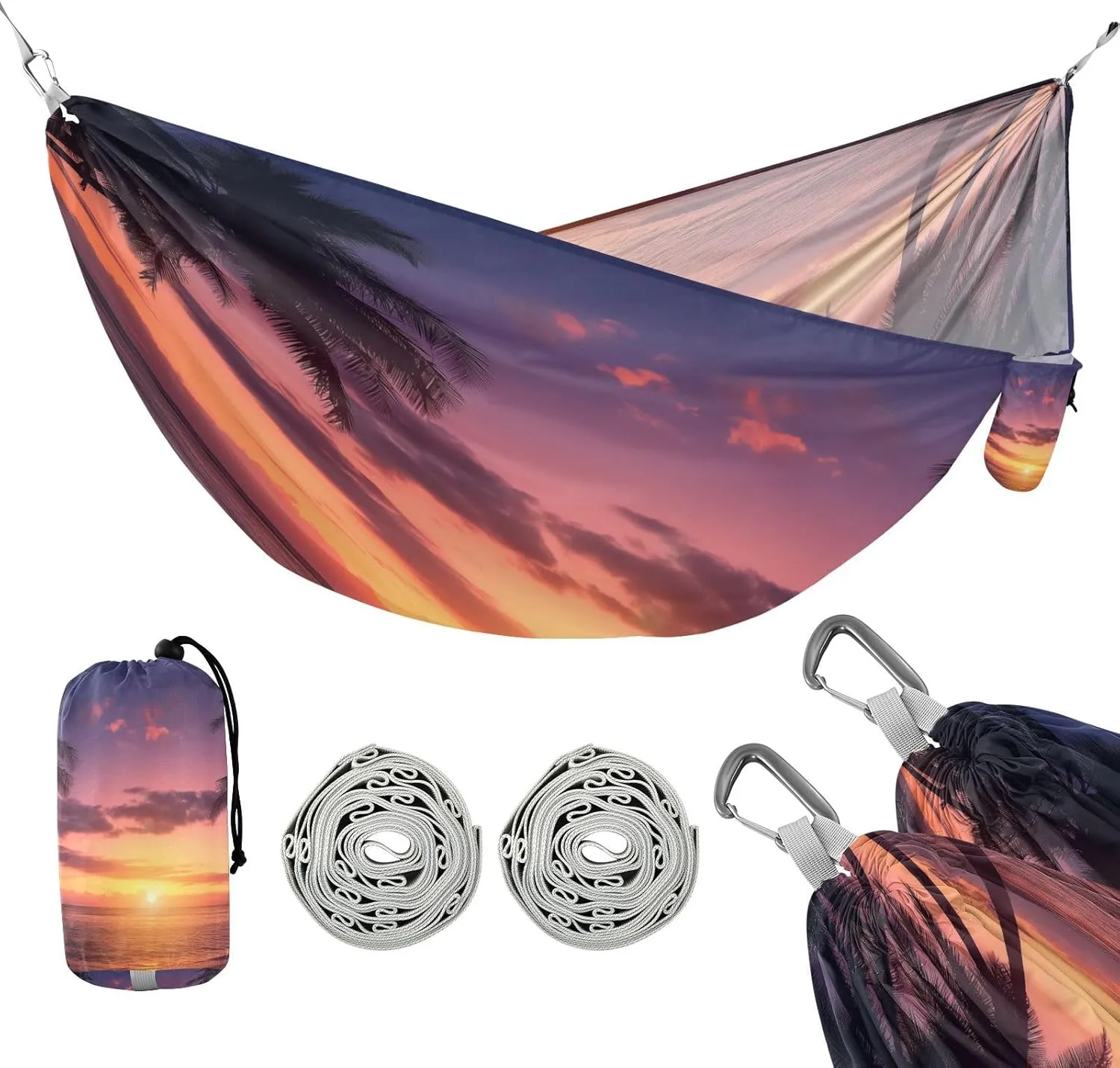ATTX Ocean Sunset Palm Trees Camping Hammock - Lightweight & Portable Hammocks, Heavy Duty 330lbs Capacity for Indoor, Hiking, Backpacking, Travel, Backyard, Beach#164