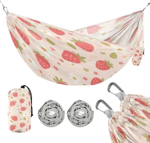 ATTX Pink Strawberry Pattern Camping Hammock - Lightweight & Portable Hammocks, Heavy Duty 330lbs Capacity for Indoor, Hiking, Backpacking, Travel, Backyard, Beach#205
