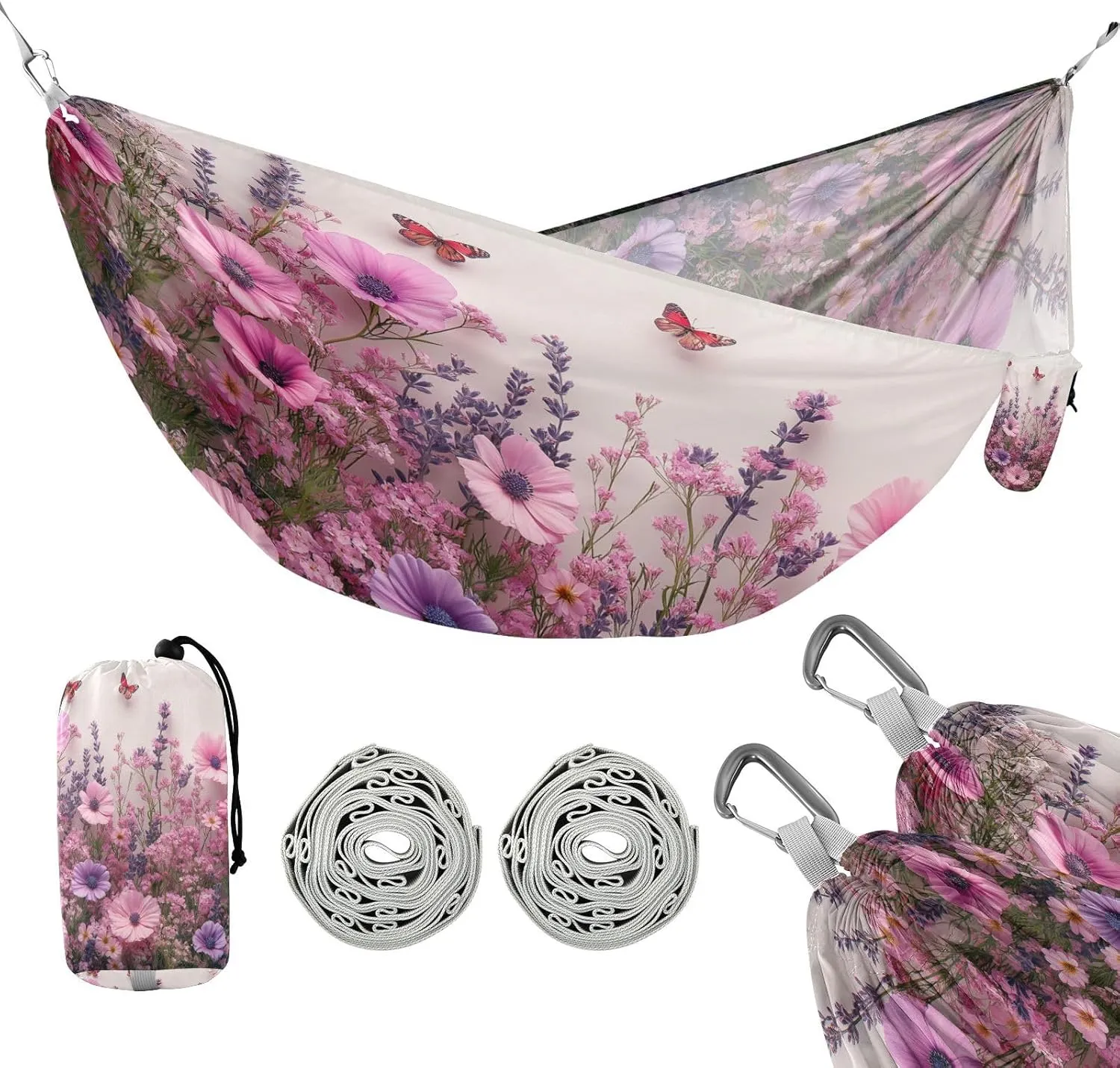 ATTX Pink Wild Flowers Camping Hammock - Lightweight & Portable Hammocks, Heavy Duty 330lbs Capacity for Indoor, Hiking, Backpacking, Travel, Backyard, Beach#478