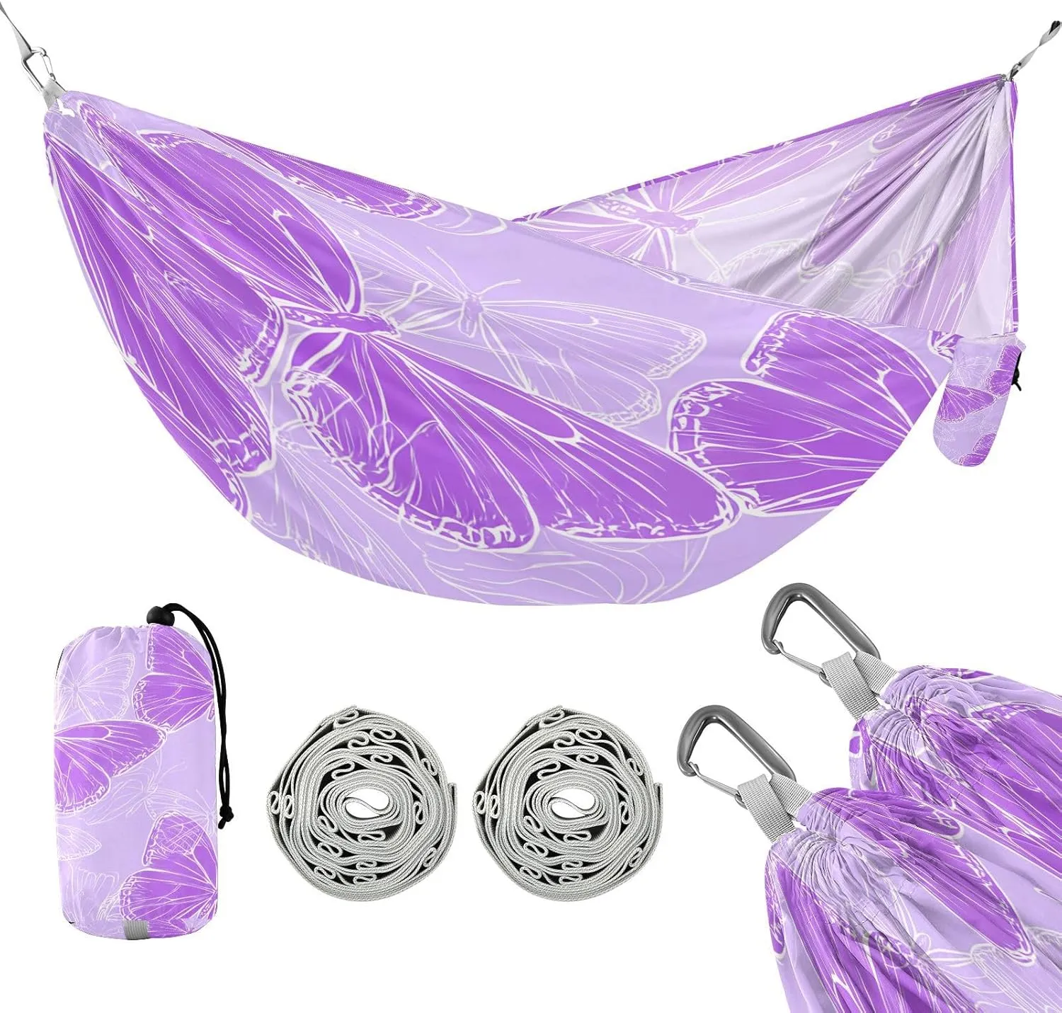 ATTX Purple Butterflies Camping Hammock - Lightweight & Portable Hammocks, Heavy Duty 330lbs Capacity for Indoor, Hiking, Backpacking, Travel, Backyard, Beach#240