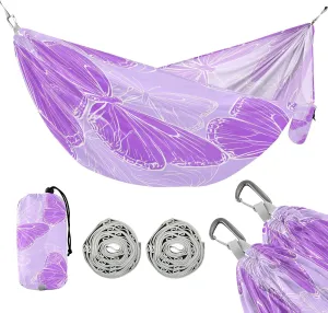 ATTX Purple Butterflies Camping Hammock - Lightweight & Portable Hammocks, Heavy Duty 330lbs Capacity for Indoor, Hiking, Backpacking, Travel, Backyard, Beach#240