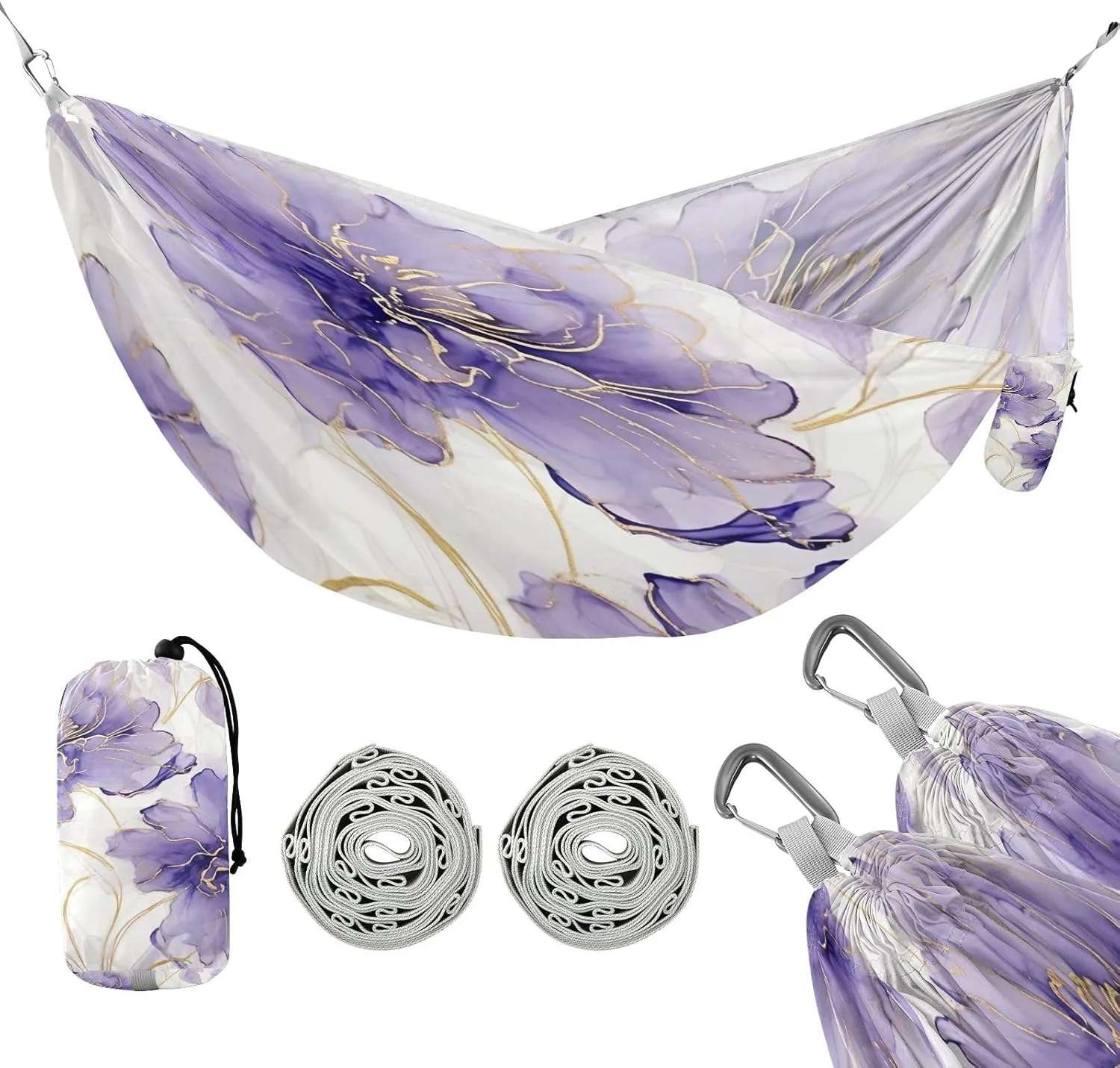 ATTX Purple Silver Flower Camping Hammock - Lightweight & Portable Hammocks, Heavy Duty 330lbs Capacity for Indoor, Hiking, Backpacking, Travel, Backyard, Beach#306