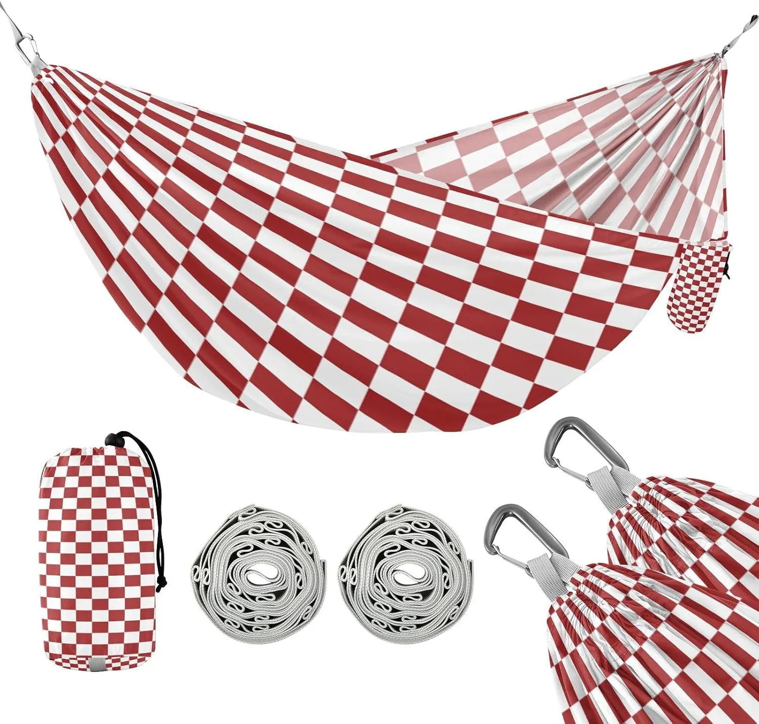 ATTX Red and White Checkered Camping Hammock - Lightweight & Portable Hammocks, Heavy Duty 330lbs Capacity for Indoor, Hiking, Backpacking, Travel, Backyard, Beach#208