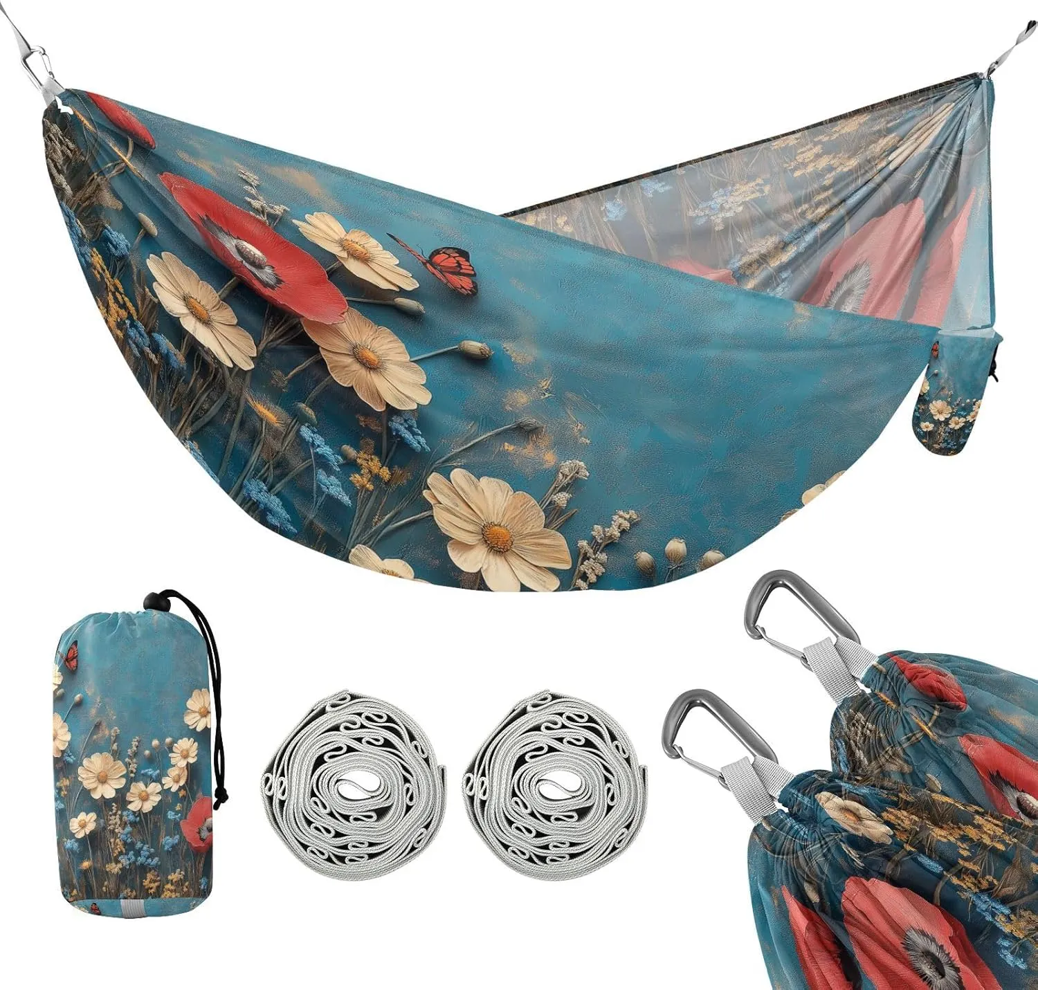 ATTX Red Floral Camping Hammock - Lightweight & Portable Hammocks, Heavy Duty 330lbs Capacity for Indoor, Hiking, Backpacking, Travel, Backyard, Beach#408