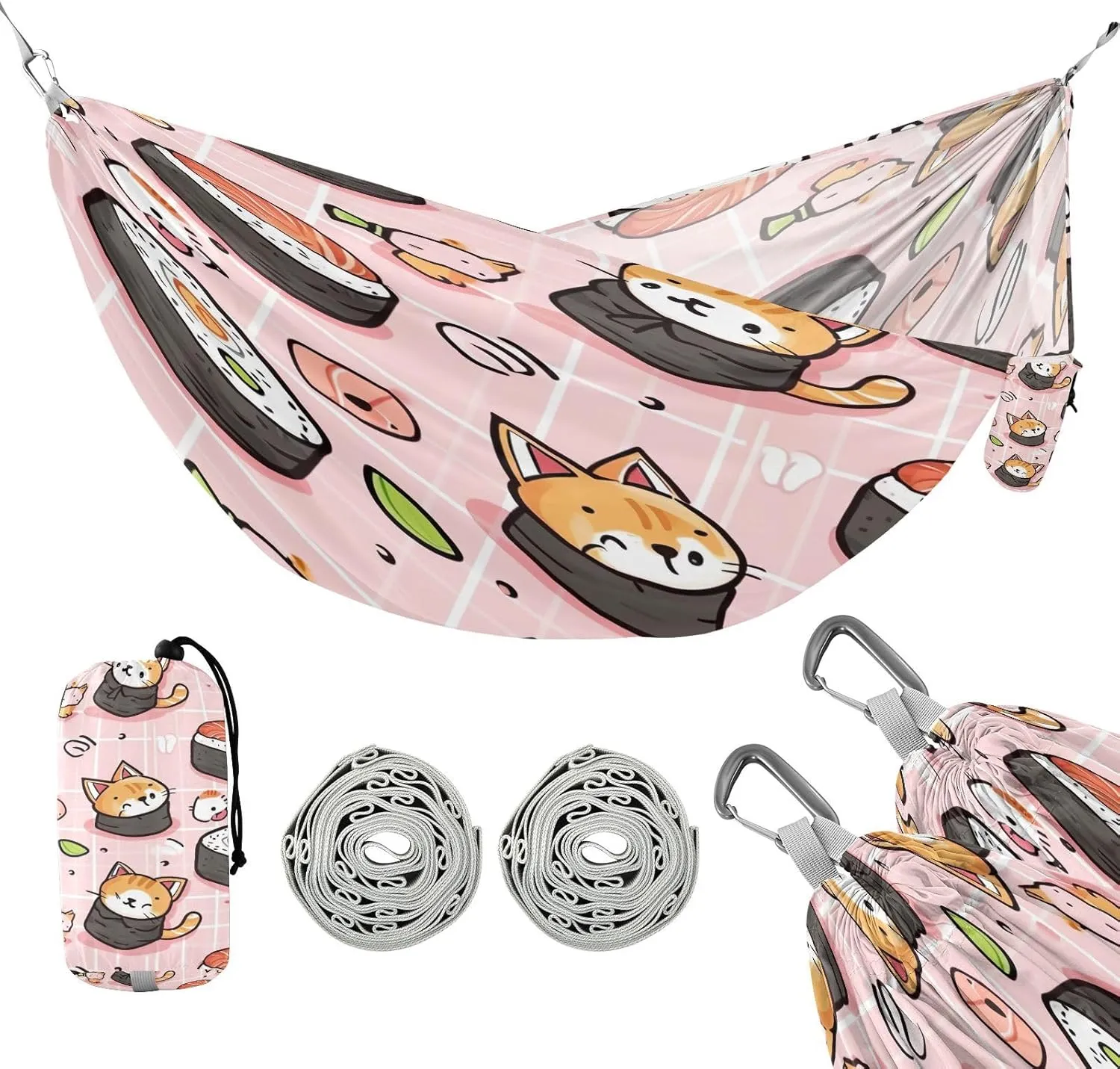 ATTX Sushi Kawaii Pattern Camping Hammock - Lightweight & Portable Hammocks, Heavy Duty 330lbs Capacity for Indoor, Hiking, Backpacking, Travel, Backyard, Beach#488