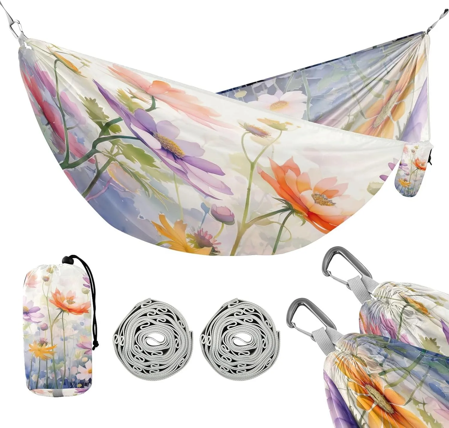 ATTX Watercolor Flowers Camping Hammock - Lightweight & Portable Hammocks, Heavy Duty 330lbs Capacity for Indoor, Hiking, Backpacking, Travel, Backyard, Beach#322