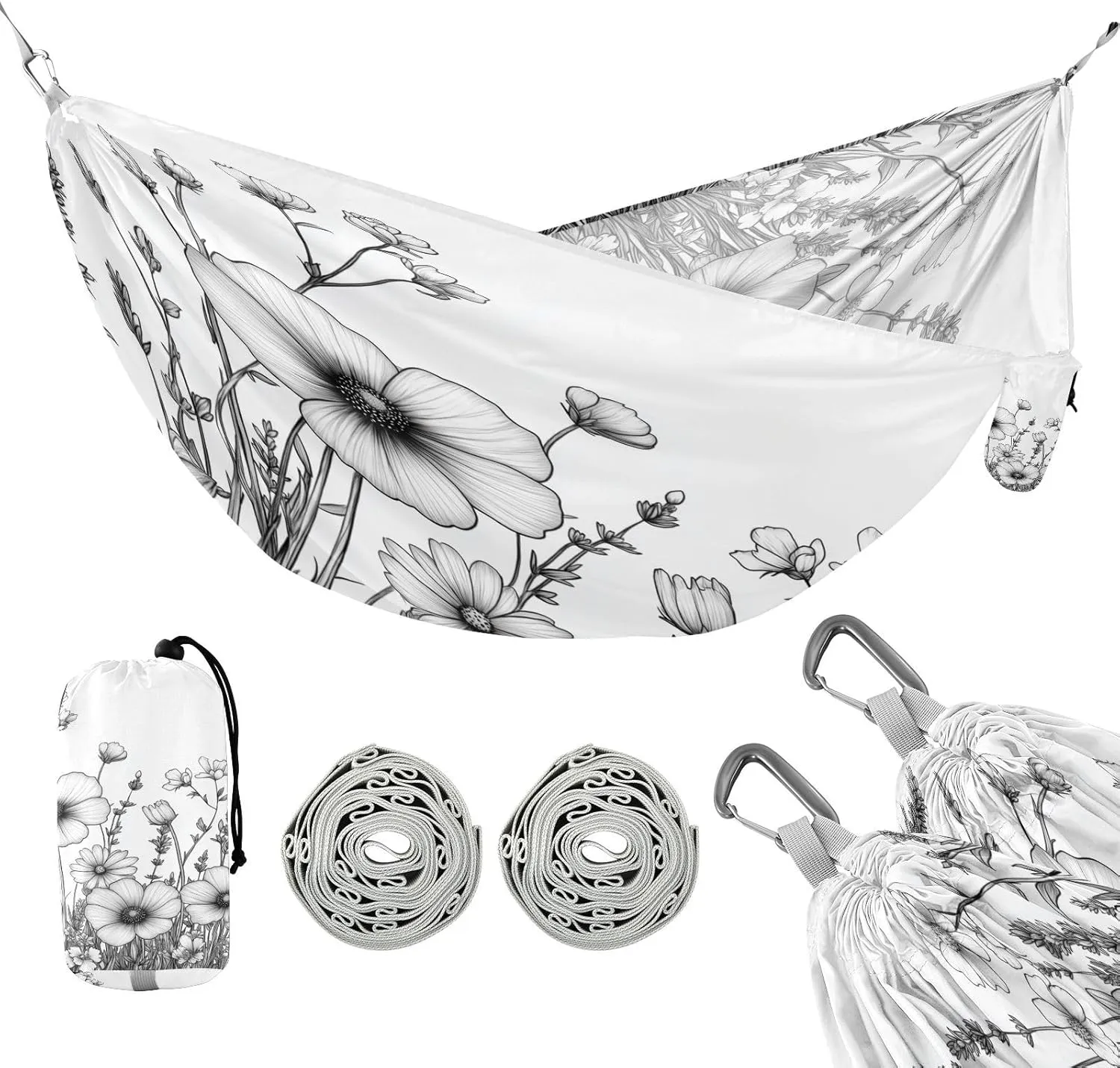 ATTX White Wildflowers Camping Hammock - Lightweight & Portable Hammocks, Heavy Duty 330lbs Capacity for Indoor, Hiking, Backpacking, Travel, Backyard, Beach#430