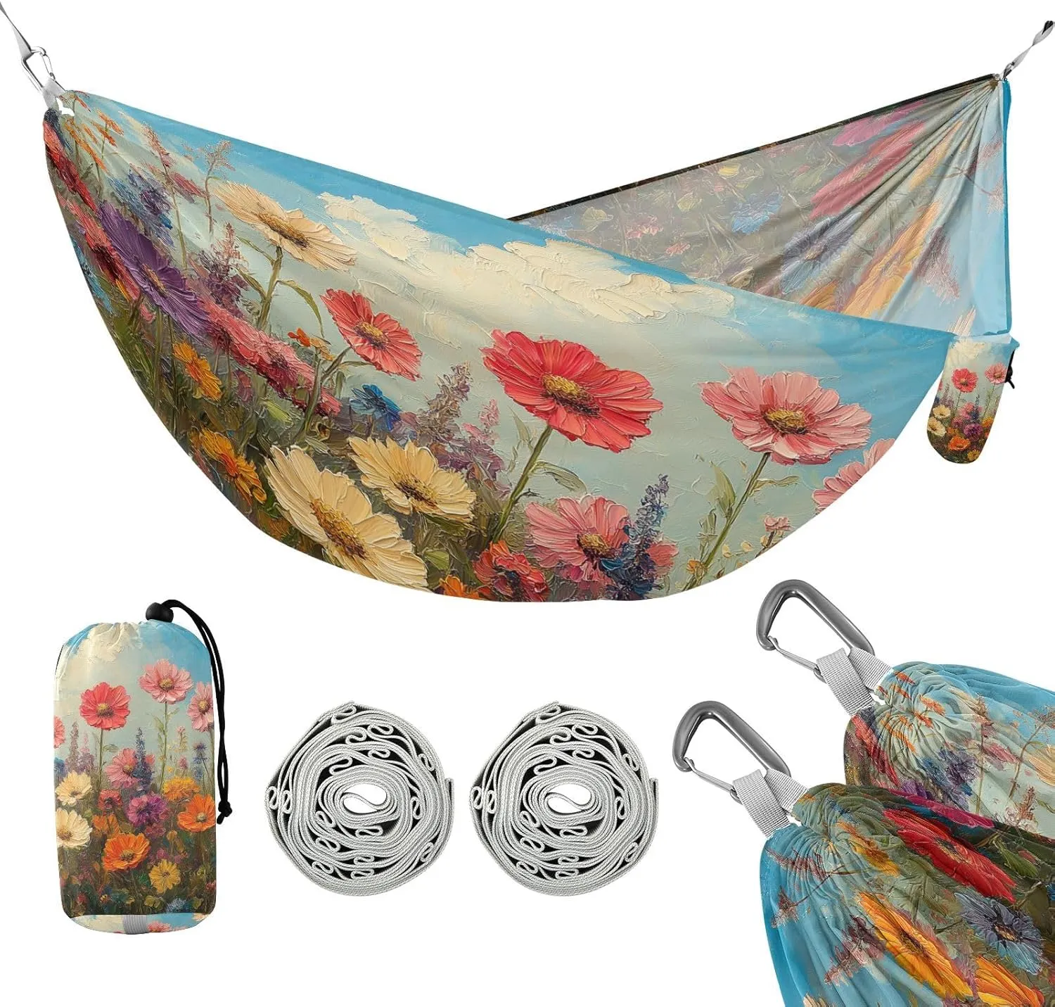 ATTX Wild Flowers Oil Painting Camping Hammock - Lightweight & Portable Hammocks, Heavy Duty 330lbs Capacity for Indoor, Hiking, Backpacking, Travel, Backyard, Beach#495