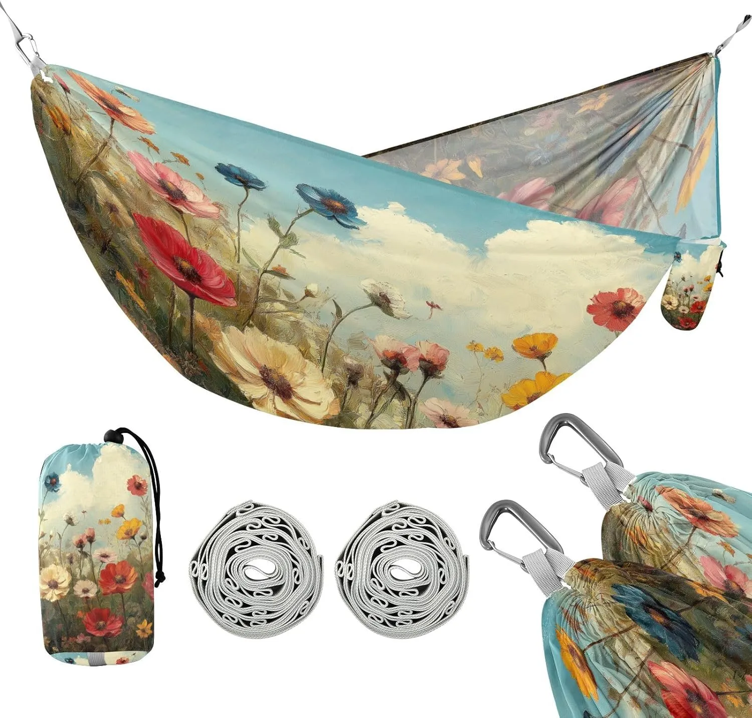 ATTX Wild Flowers Oil Painting Camping Hammock - Lightweight & Portable Hammocks, Heavy Duty 330lbs Capacity for Indoor, Hiking, Backpacking, Travel, Backyard, Beach#509