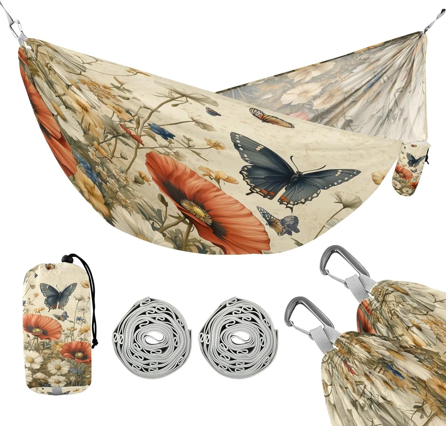 ATTX Wildflowers and Butterflies Camping Hammock - Lightweight & Portable Hammocks, Heavy Duty 330lbs Capacity for Indoor, Hiking, Backpacking, Travel, Backyard, Beach#254