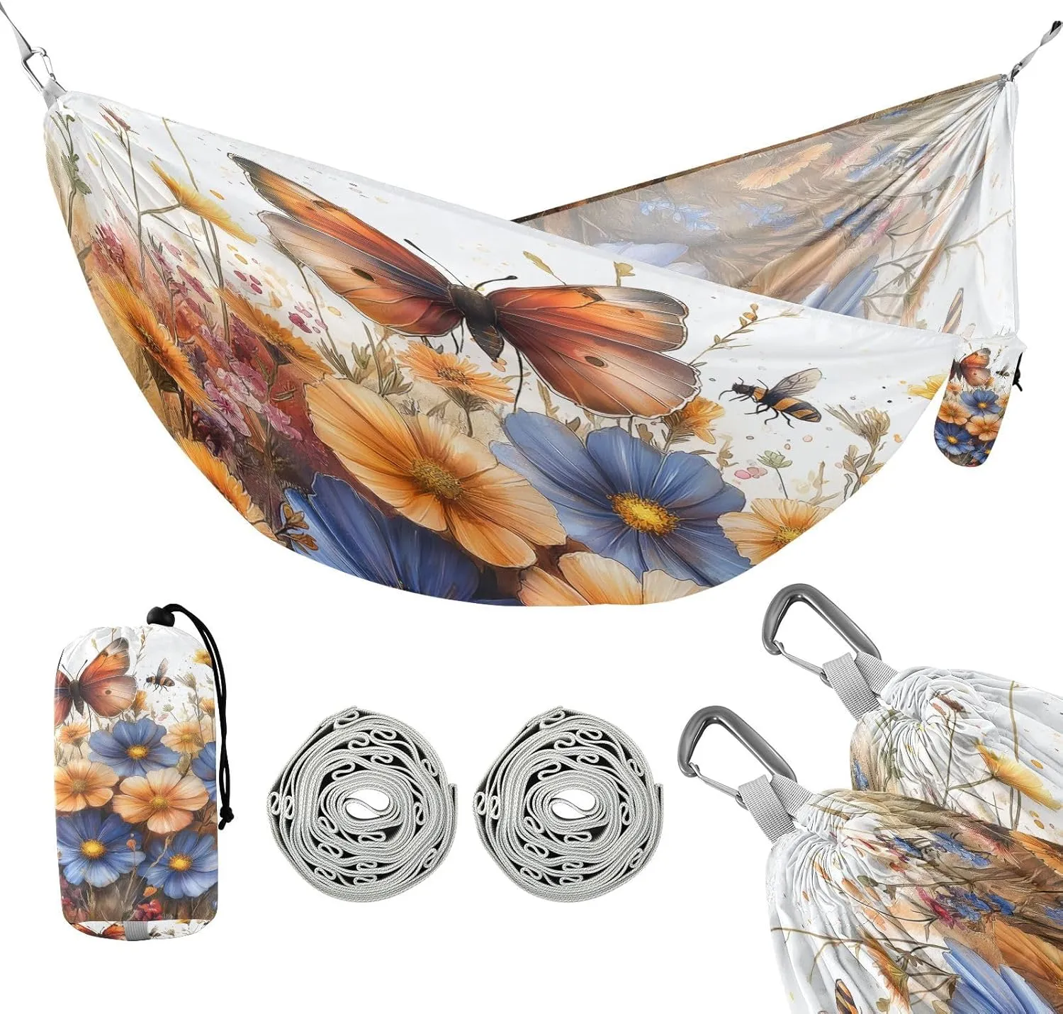 ATTX Wildflowers Butterflies Camping Hammock - Lightweight & Portable Hammocks, Heavy Duty 330lbs Capacity for Indoor, Hiking, Backpacking, Travel, Backyard, Beach#429