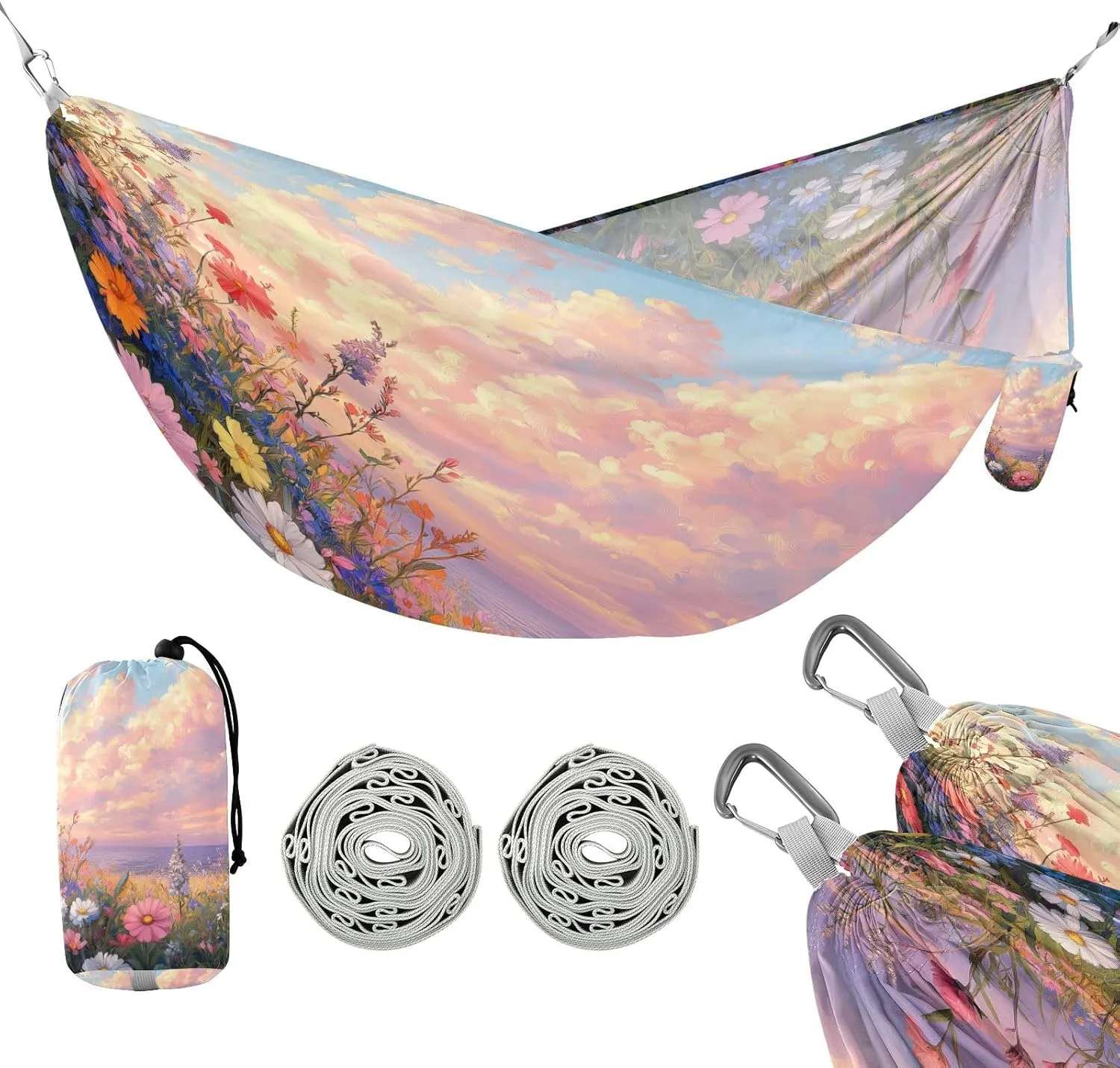 ATTX Wildflowers by The Sea Camping Hammock - Lightweight & Portable Hammocks, Heavy Duty 330lbs Capacity for Indoor, Hiking, Backpacking, Travel, Backyard, Beach#442