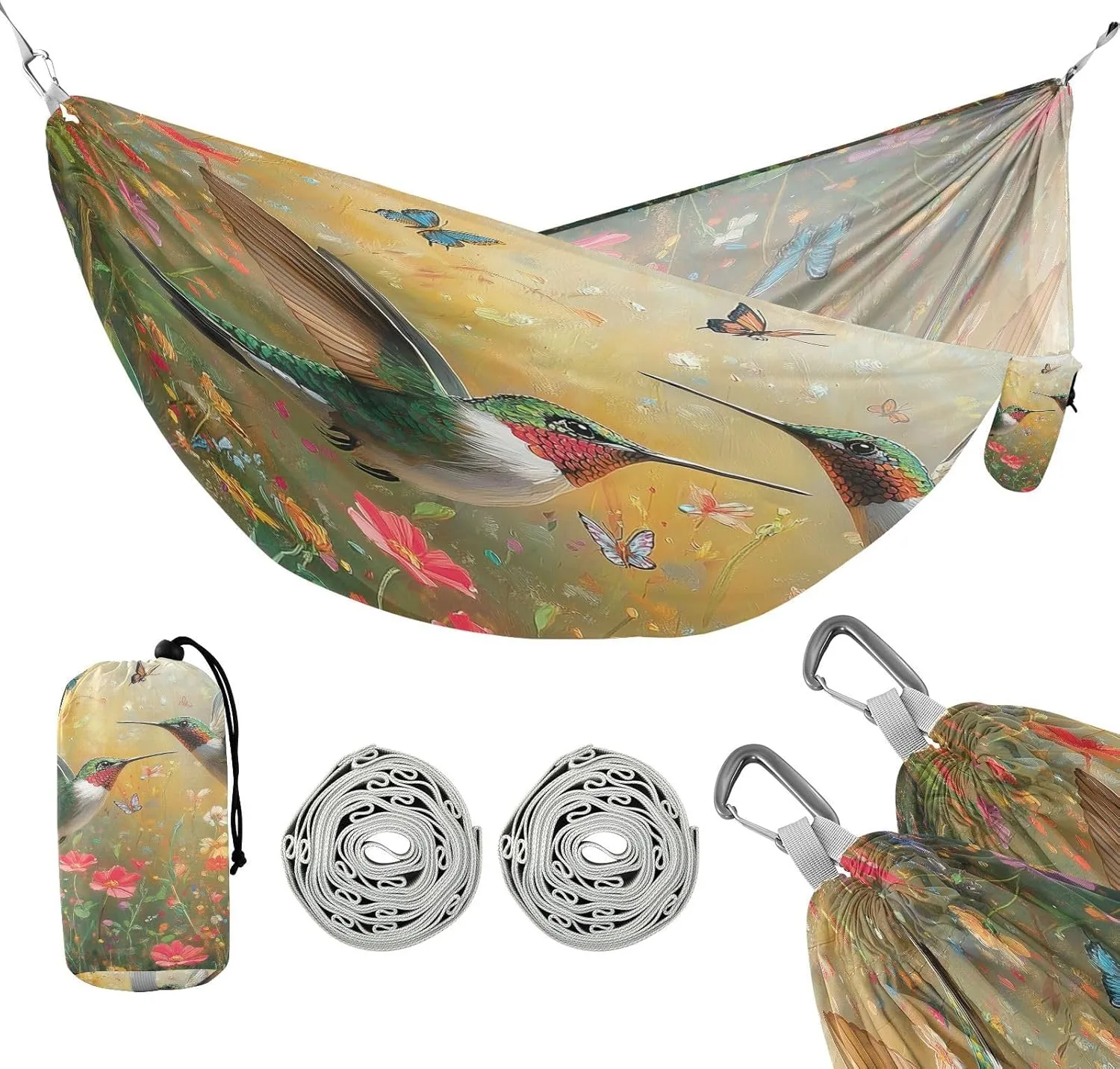 ATTX Wildflowers Hummingbirds Camping Hammock - Lightweight & Portable Hammocks, Heavy Duty 330lbs Capacity for Indoor, Hiking, Backpacking, Travel, Backyard, Beach#471