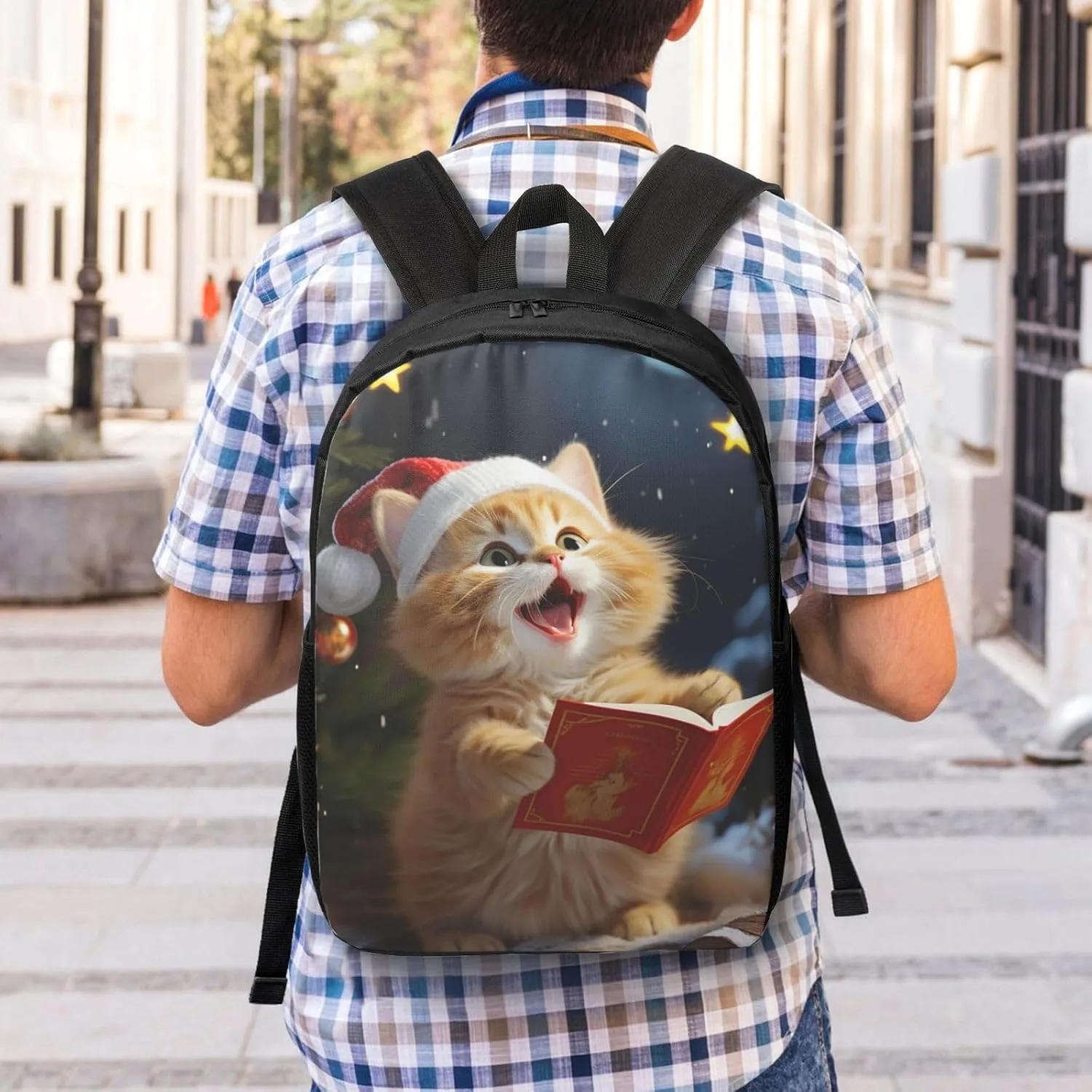 Backpack Cute Cat Sing Christmas Carols Travel Casual Laptop Backpack 17 inch Waterproof Hiking Daypack for Men Women