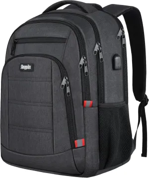 Backpack for Men Women, School Backpack, Large Quilted College Bookbag for Men, Water Resistant Travel Work Backpacks, Business Computer Back Pack with USB Charging Port, Fits 17" Laptop Black
