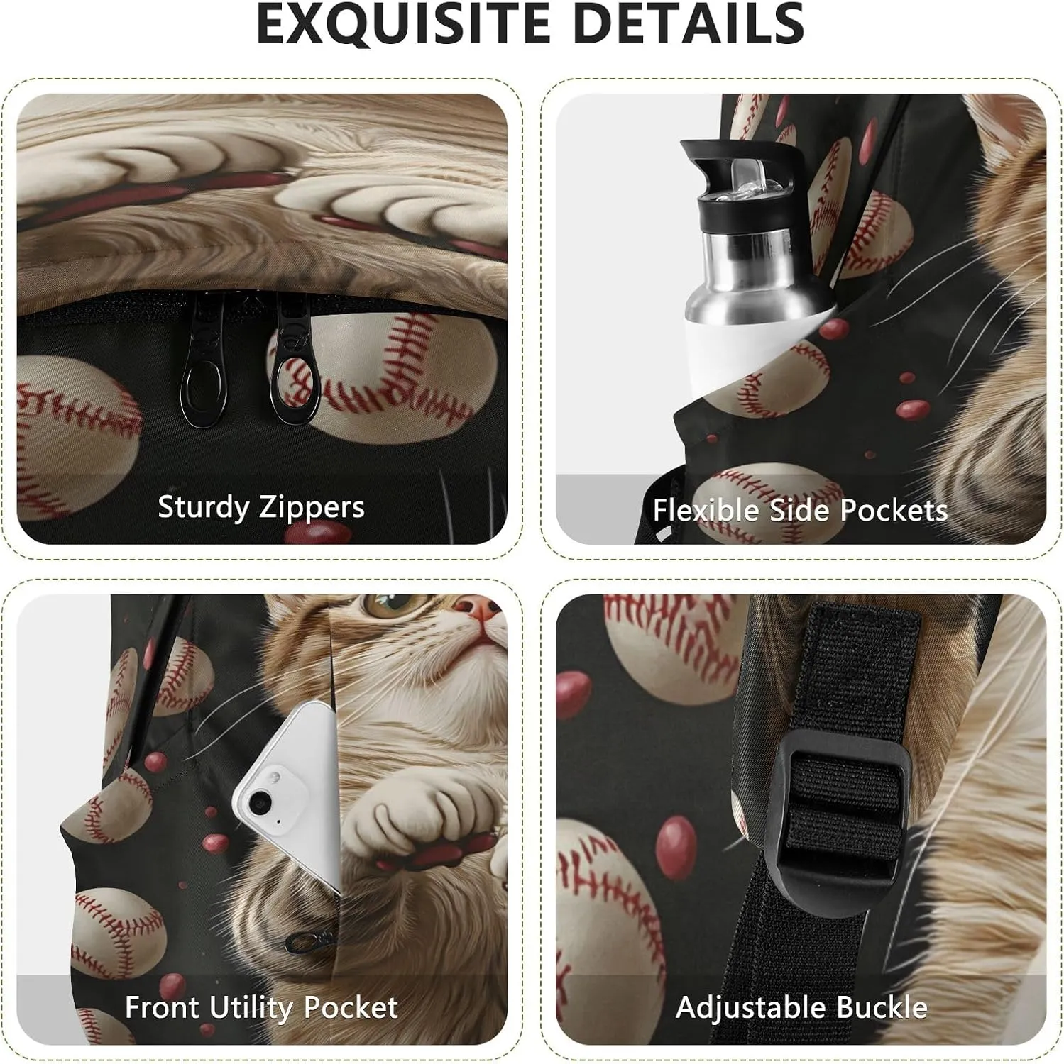 Baseball Cat Cat Travel Backpack for Women Men Laptop Backpack College Bookbag Large Capacity Computer Backpacks