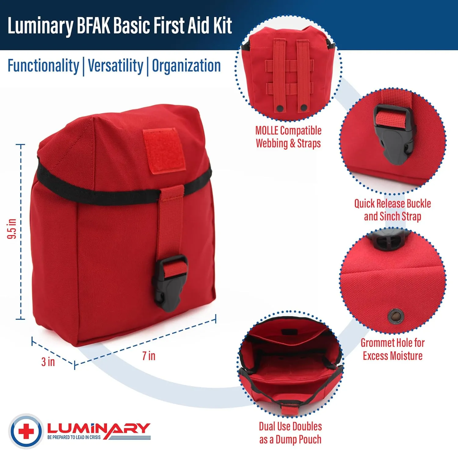 Basic First Aid Kit - Compact MOLLE Compatible Emergency Kit for Outdoor & Everyday Use - Essential Supplies for Camping, Hiking & Home - Single Pocket with Secure Buckle - Red