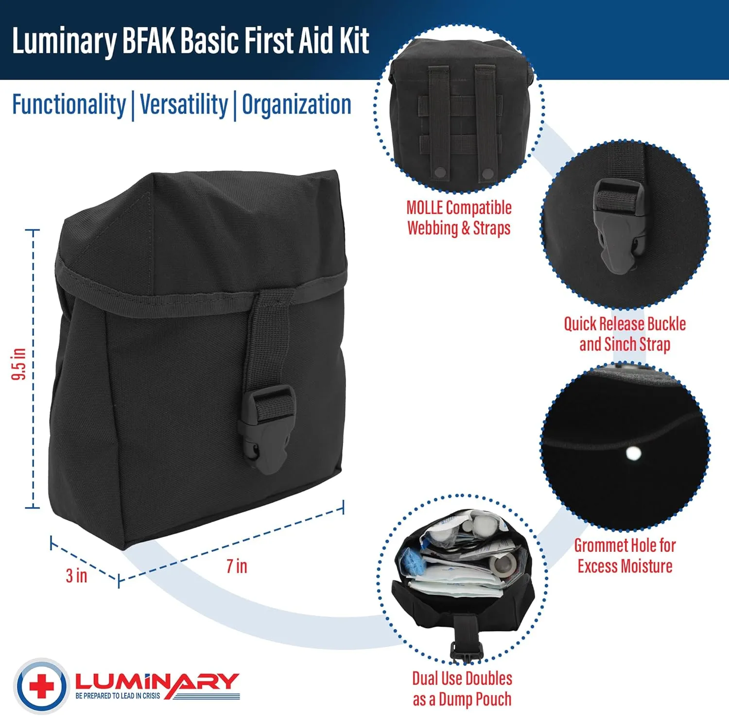 Basic First Aid Kit - Compact MOLLE Compatible Emergency Kit for Outdoor - Essential Supplies for Camping, Hiking & Home - Single Pocket with Secure Buckle - Tactical Black