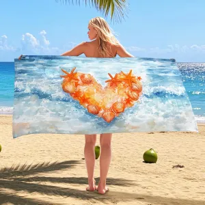 Beach Heart Design Microfiber Towel Orange Shells Waves Sand Free Quick Dry Oversized Lightweight Beach Blanket, Vacation Picnic Essentials 70x35 Inch