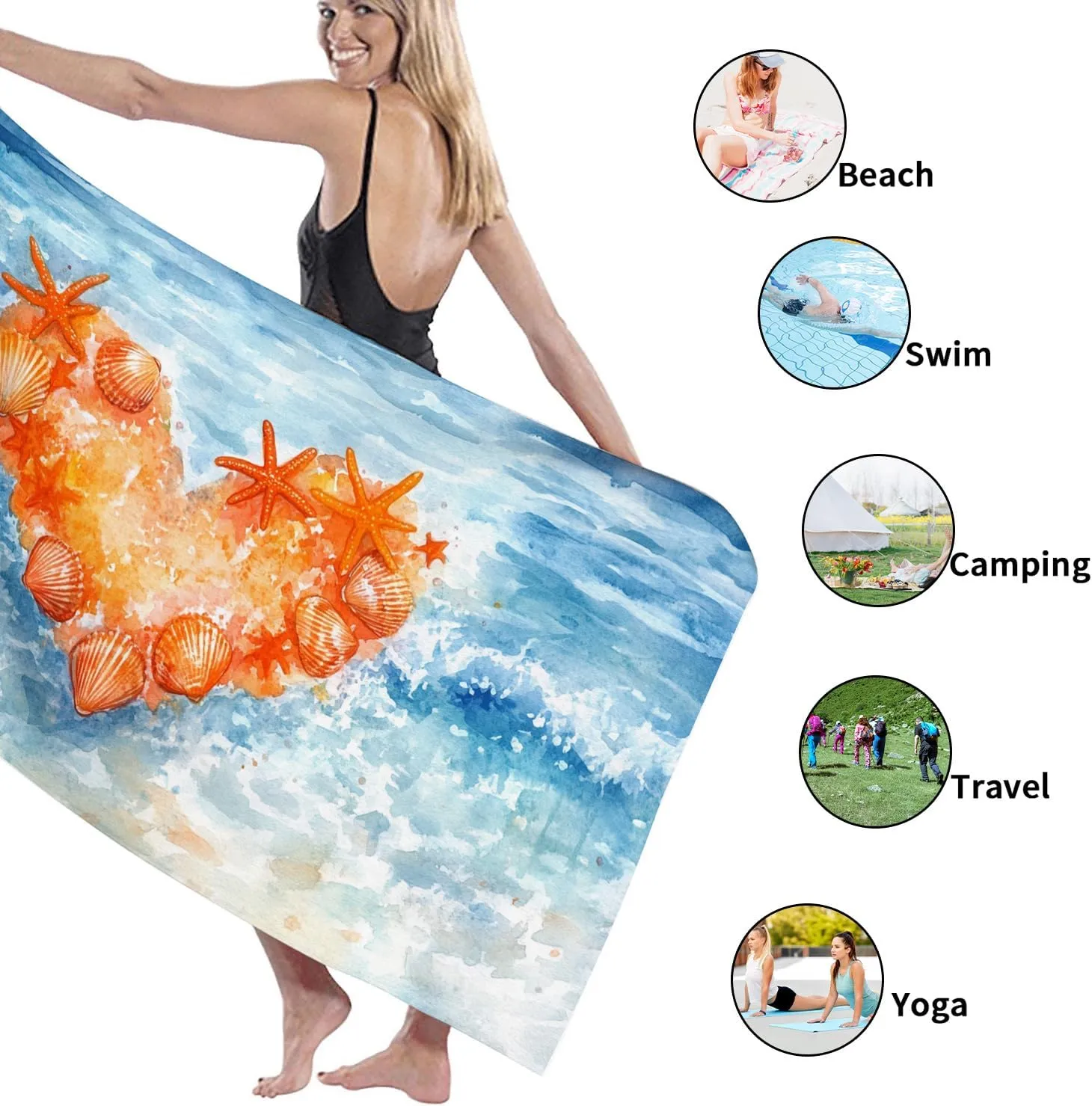Beach Heart Design Microfiber Towel Orange Shells Waves Sand Free Quick Dry Oversized Lightweight Beach Blanket, Vacation Picnic Essentials 70x35 Inch