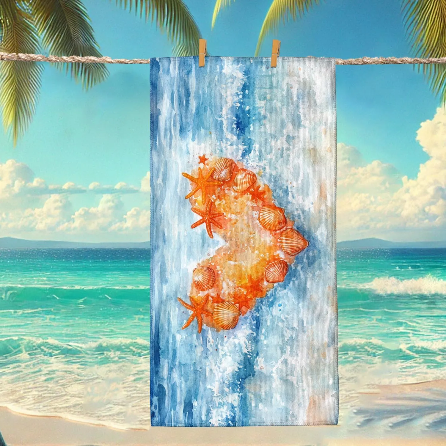 Beach Heart Design Microfiber Towel Orange Shells Waves Sand Free Quick Dry Oversized Lightweight Beach Blanket, Vacation Picnic Essentials 70x35 Inch