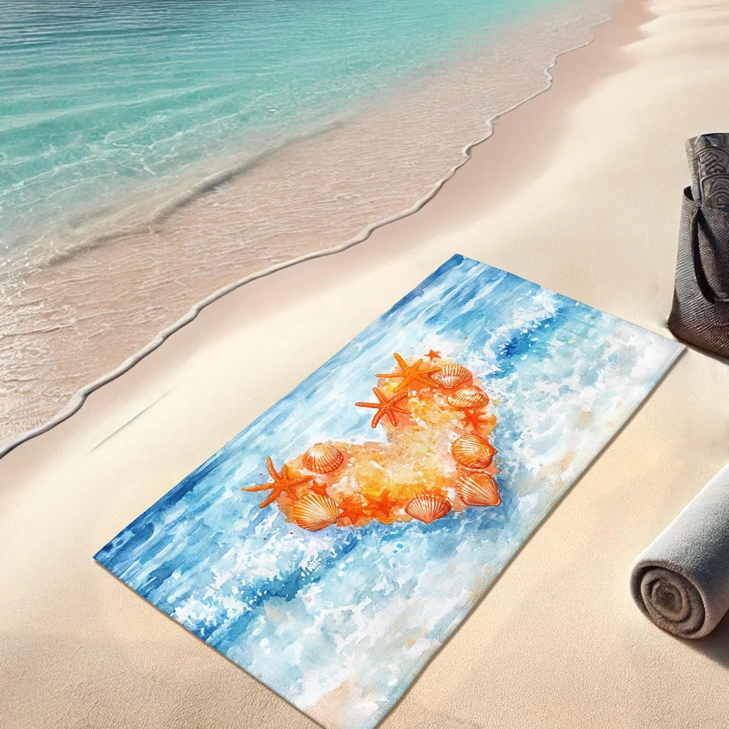 Beach Heart Design Microfiber Towel Orange Shells Waves Sand Free Quick Dry Oversized Lightweight Beach Blanket, Vacation Picnic Essentials 70x35 Inch