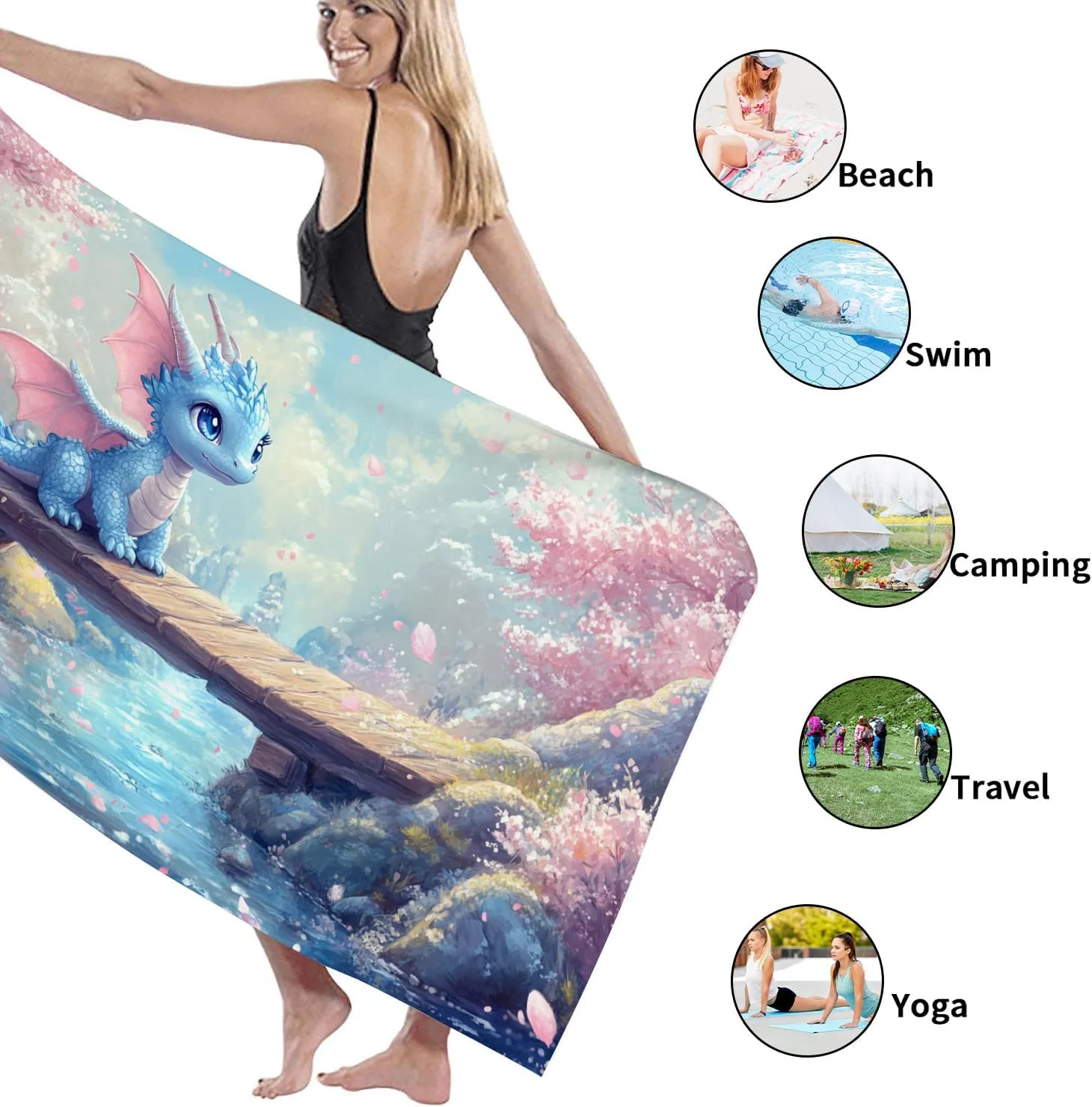 Blue Fantasy Dragon Beach Towel, Cute Cartoon Microfiber Quick Dry Sand Free Oversized Lightweight Beach Blanket, Ideal for Vacation Picnic Pool Gym Outdoor Travel Essentials 70x35 Inch