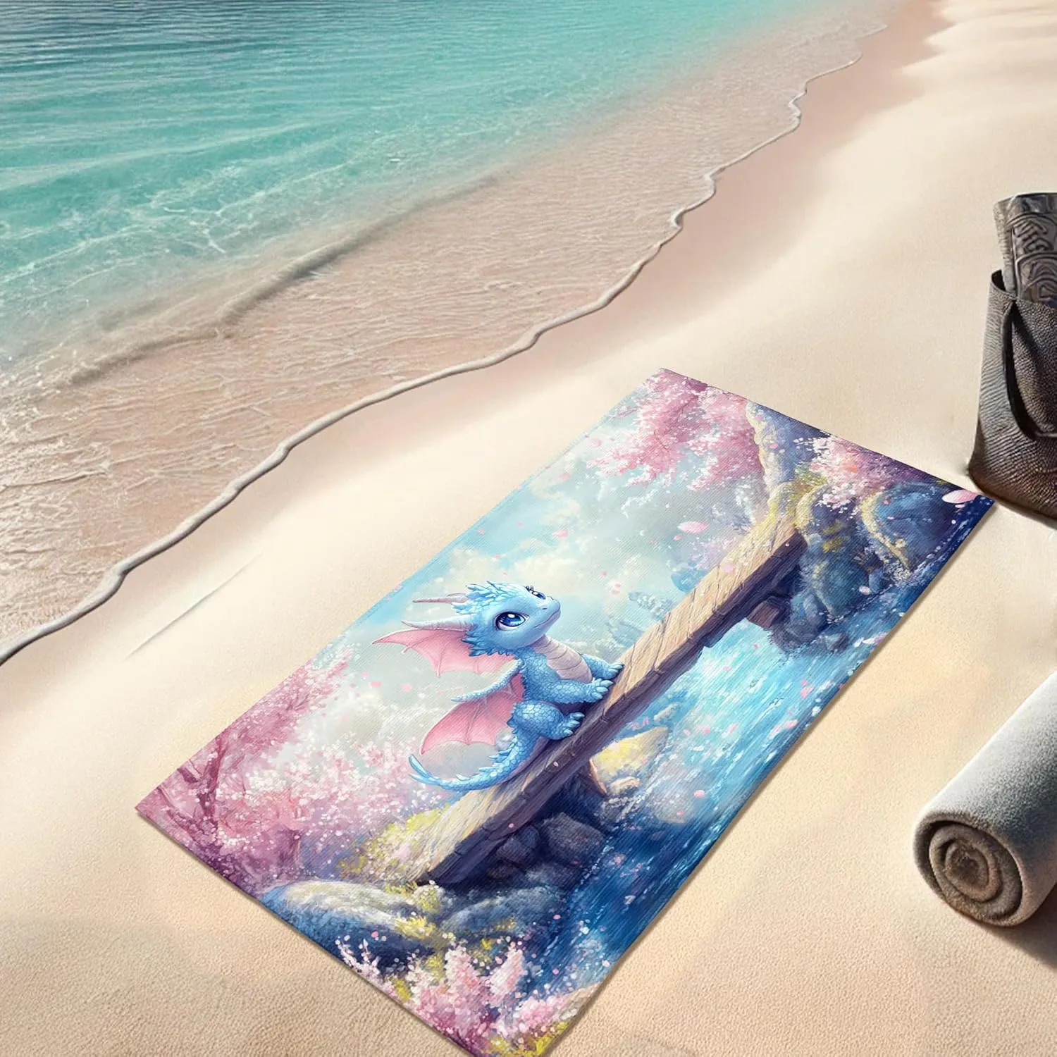 Blue Fantasy Dragon Beach Towel, Cute Cartoon Microfiber Quick Dry Sand Free Oversized Lightweight Beach Blanket, Ideal for Vacation Picnic Pool Gym Outdoor Travel Essentials 70x35 Inch