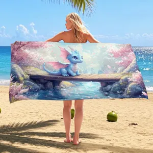 Blue Fantasy Dragon Beach Towel, Cute Cartoon Microfiber Quick Dry Sand Free Oversized Lightweight Beach Blanket, Ideal for Vacation Picnic Pool Gym Outdoor Travel Essentials 70x35 Inch