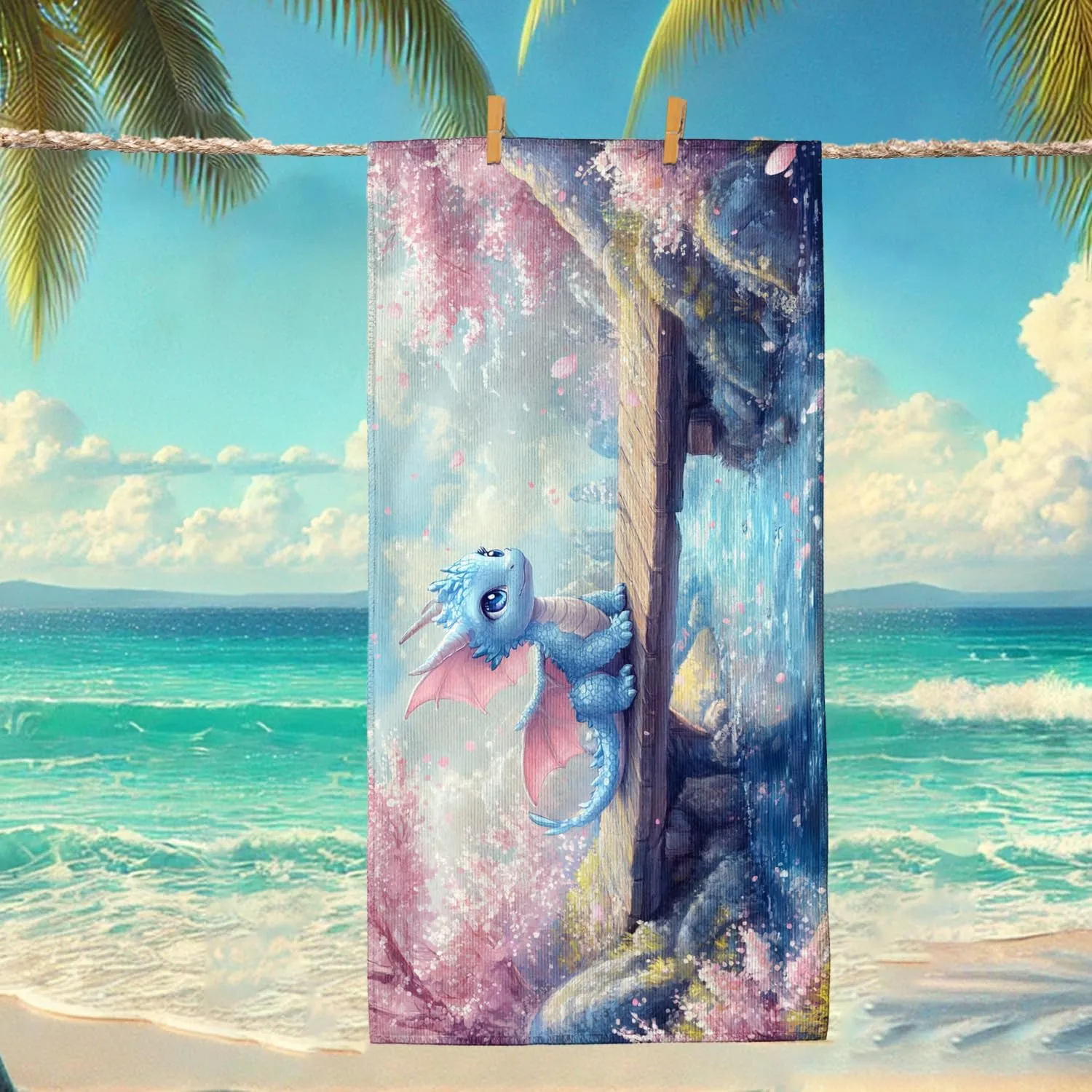 Blue Fantasy Dragon Beach Towel, Cute Cartoon Microfiber Quick Dry Sand Free Oversized Lightweight Beach Blanket, Ideal for Vacation Picnic Pool Gym Outdoor Travel Essentials 70x35 Inch