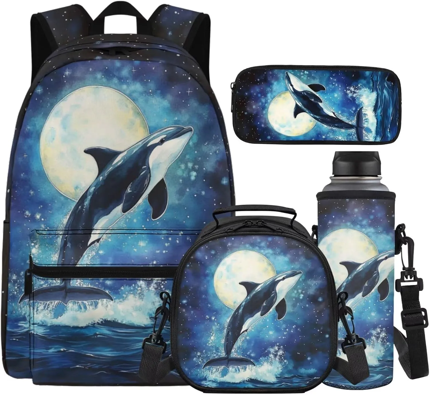 Boys Backpacks Ages 8-10 Killer Whale Backpack and Lunch Box Set Boys for Elementary School Breathable 4 in 1 Set Kids Book Bag Lightweight Teens Shoulder Bag