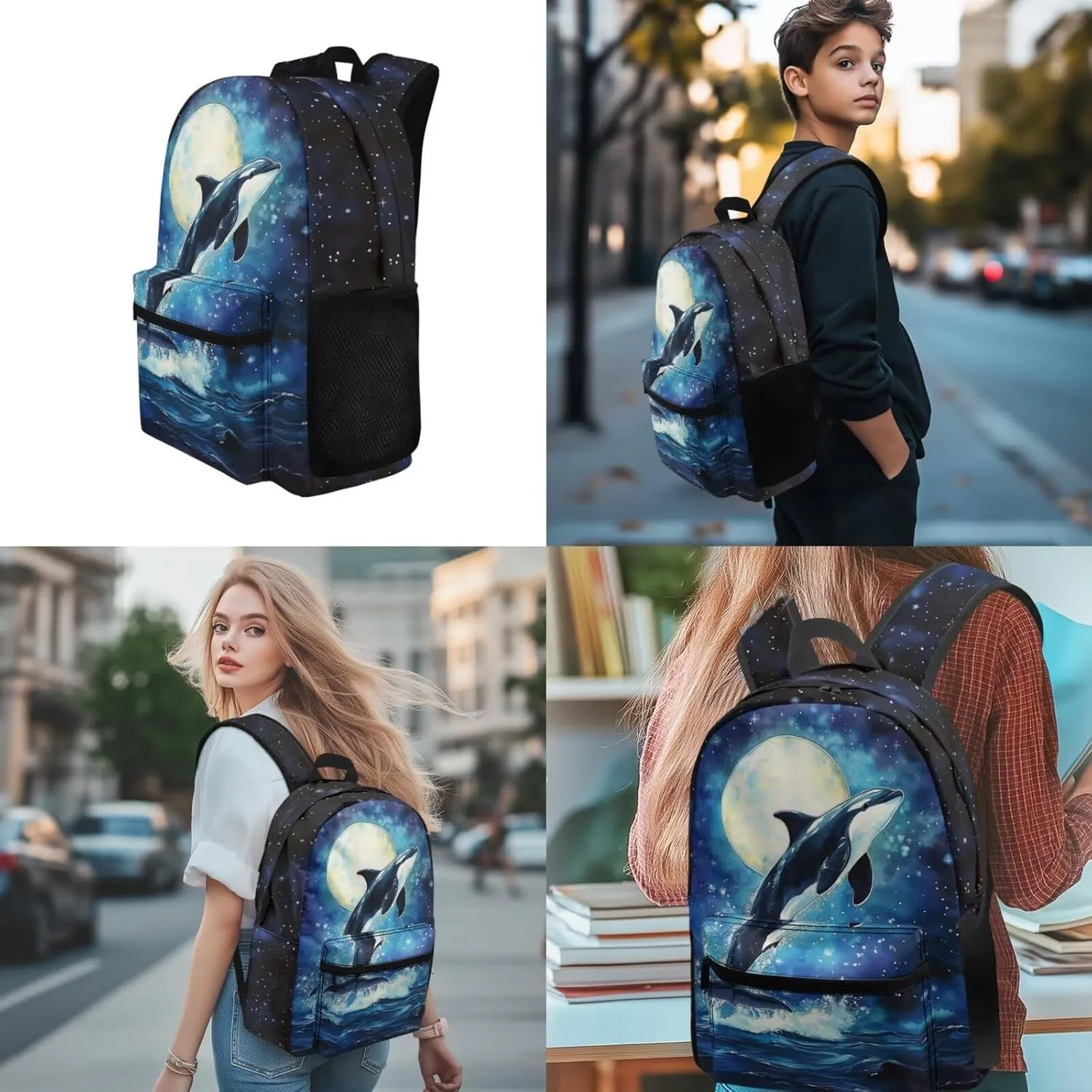 Boys Backpacks Ages 8-10 Killer Whale Backpack and Lunch Box Set Boys for Elementary School Breathable 4 in 1 Set Kids Book Bag Lightweight Teens Shoulder Bag